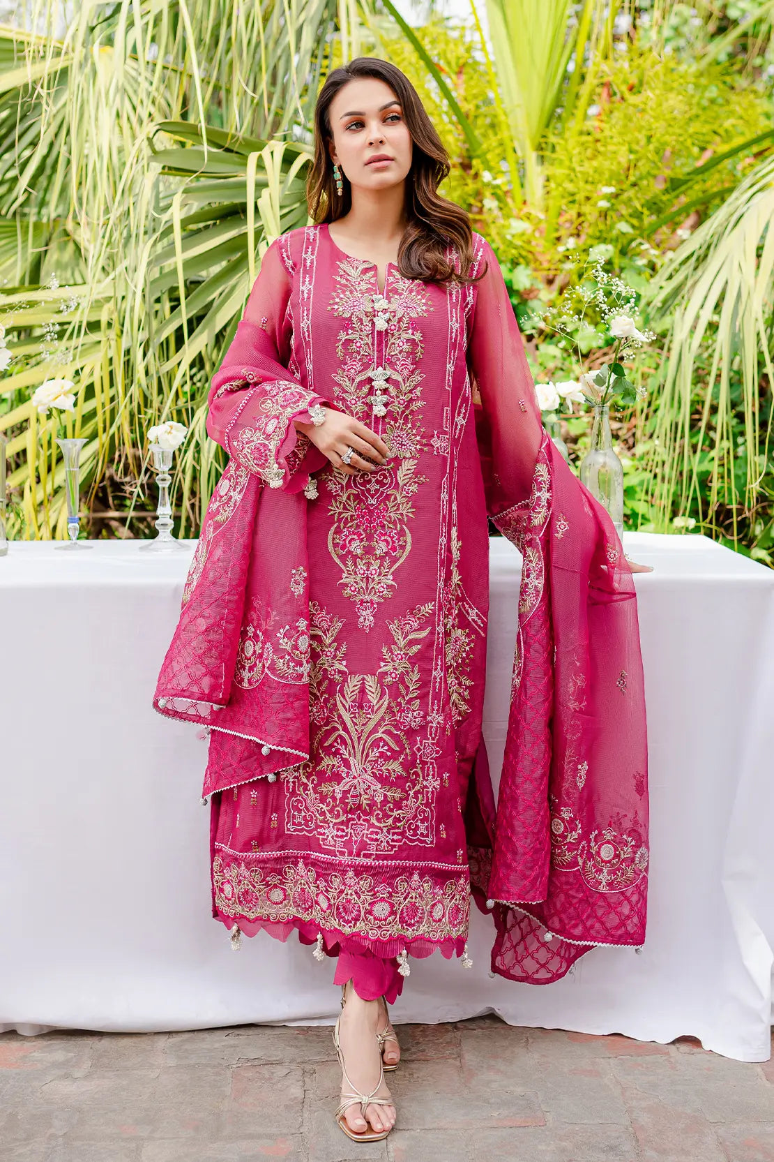 4 Piece – Abr Magenta – Cotton Net Embroidered Suit