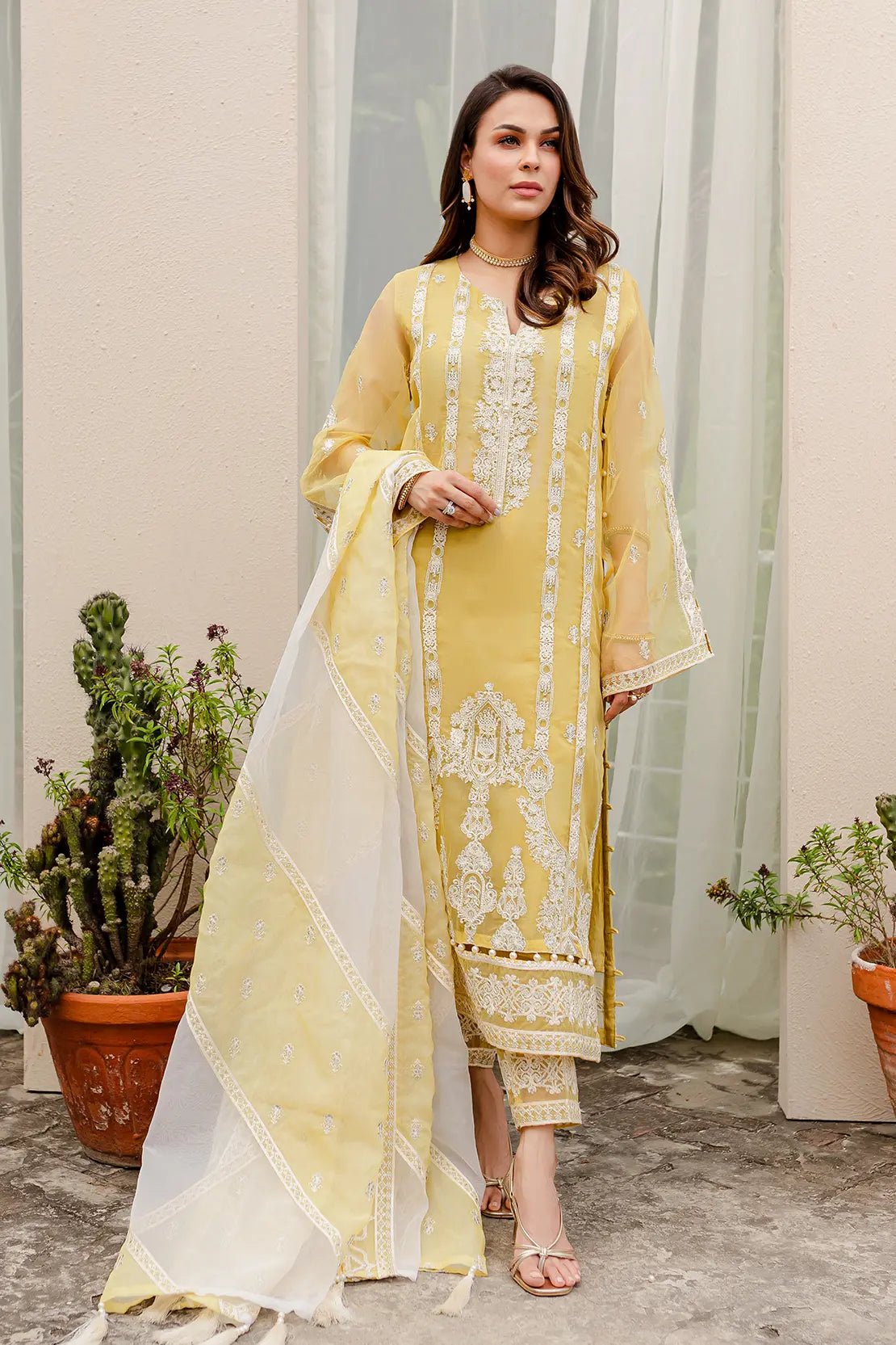 4 Piece – Amal Yellow – Organza Embroidered Suit