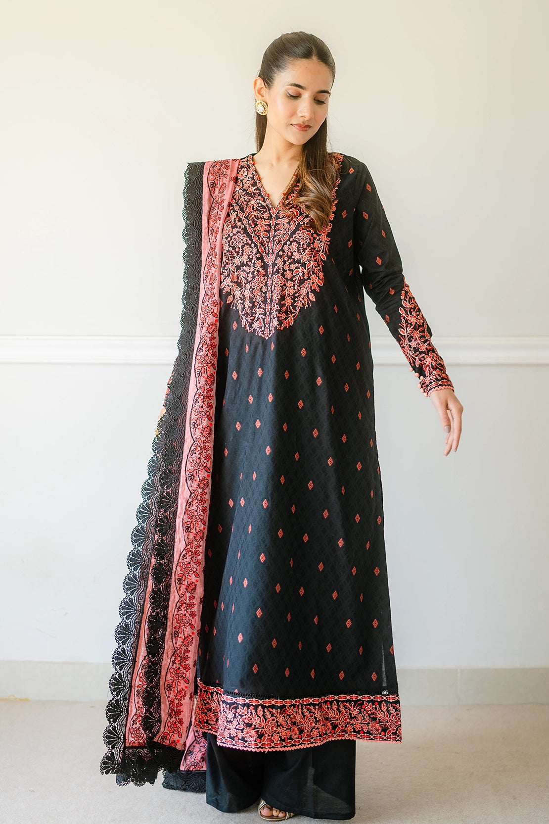 3 Piece - Premium Embroidered Jacquard Lawn - 5558