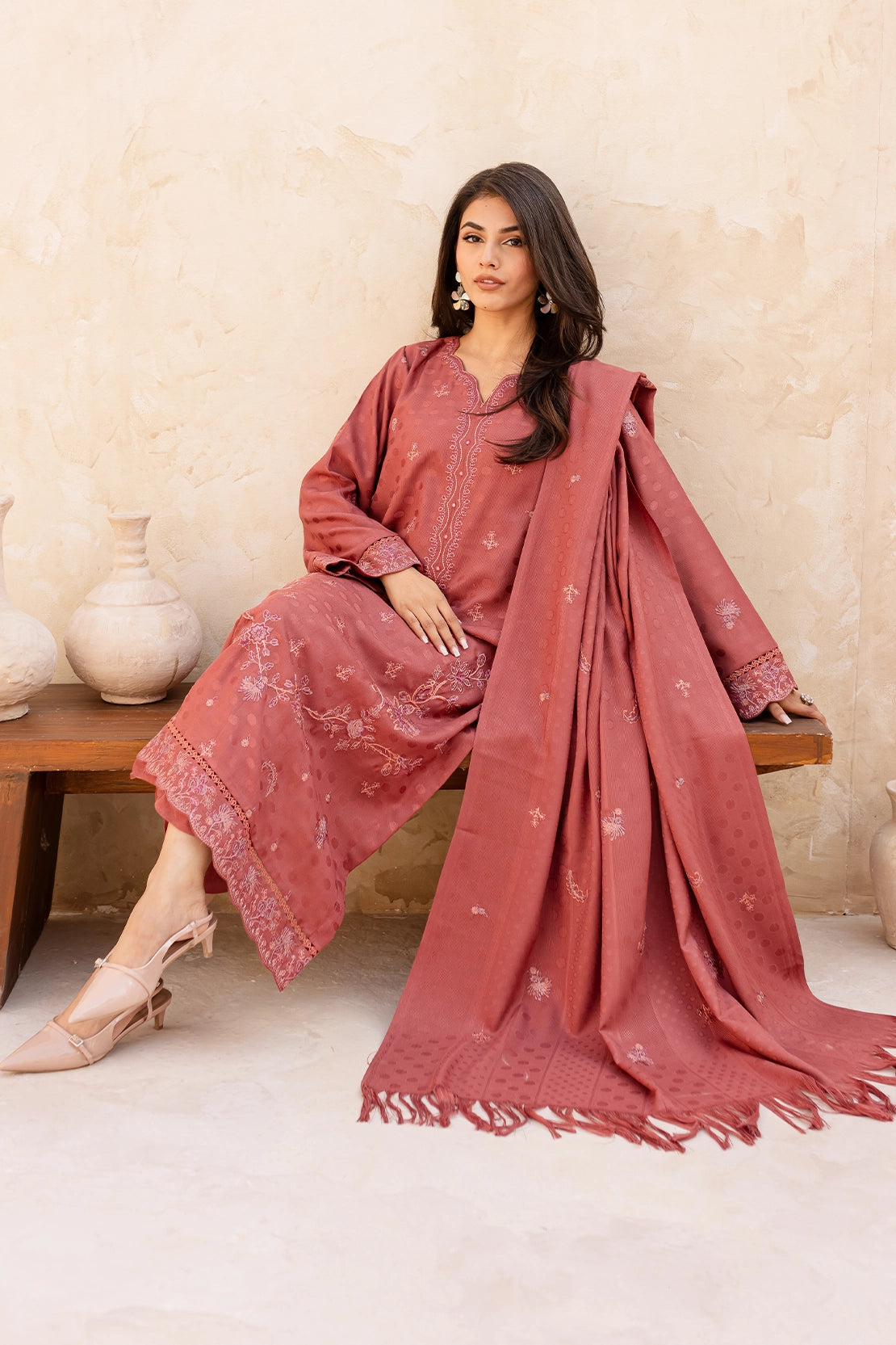 3 Piece - Premium Embroidered Dhanak Wool - 4010