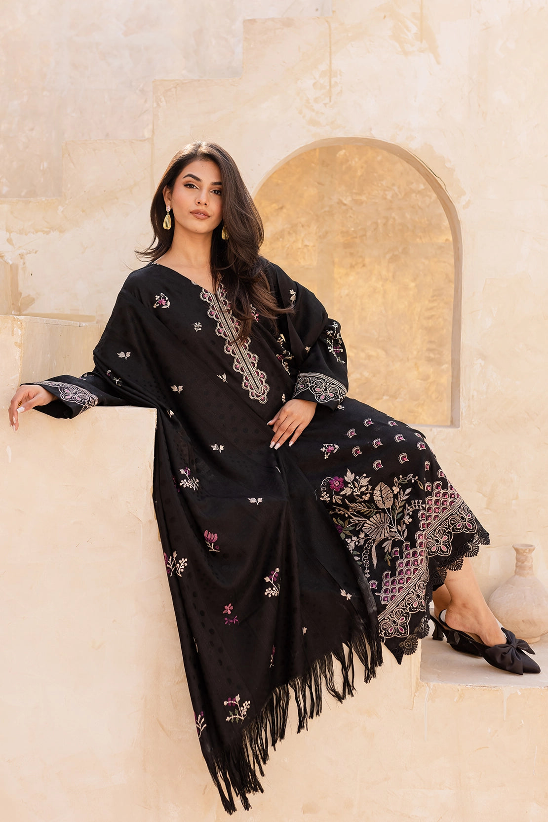 3 Piece - Premium Embroidered Dhanak Wool - 4004