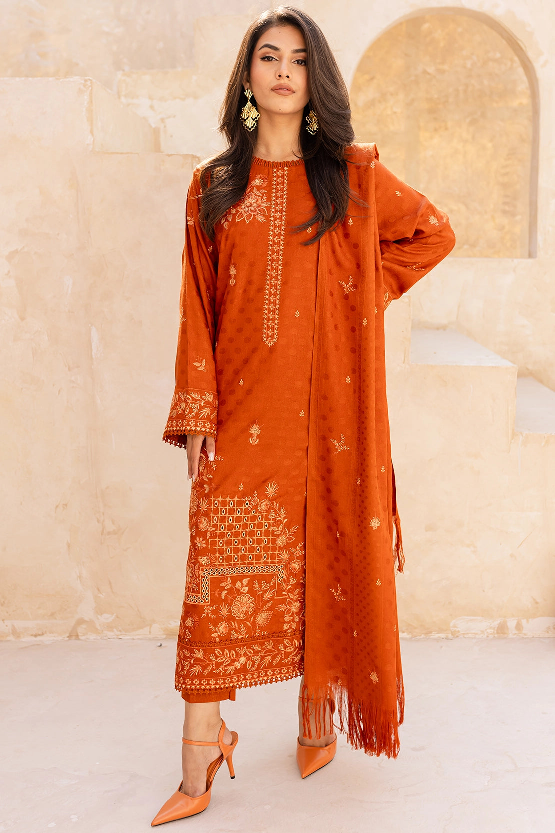 3 Piece - Premium Embroidered Dhanak Wool - 4007