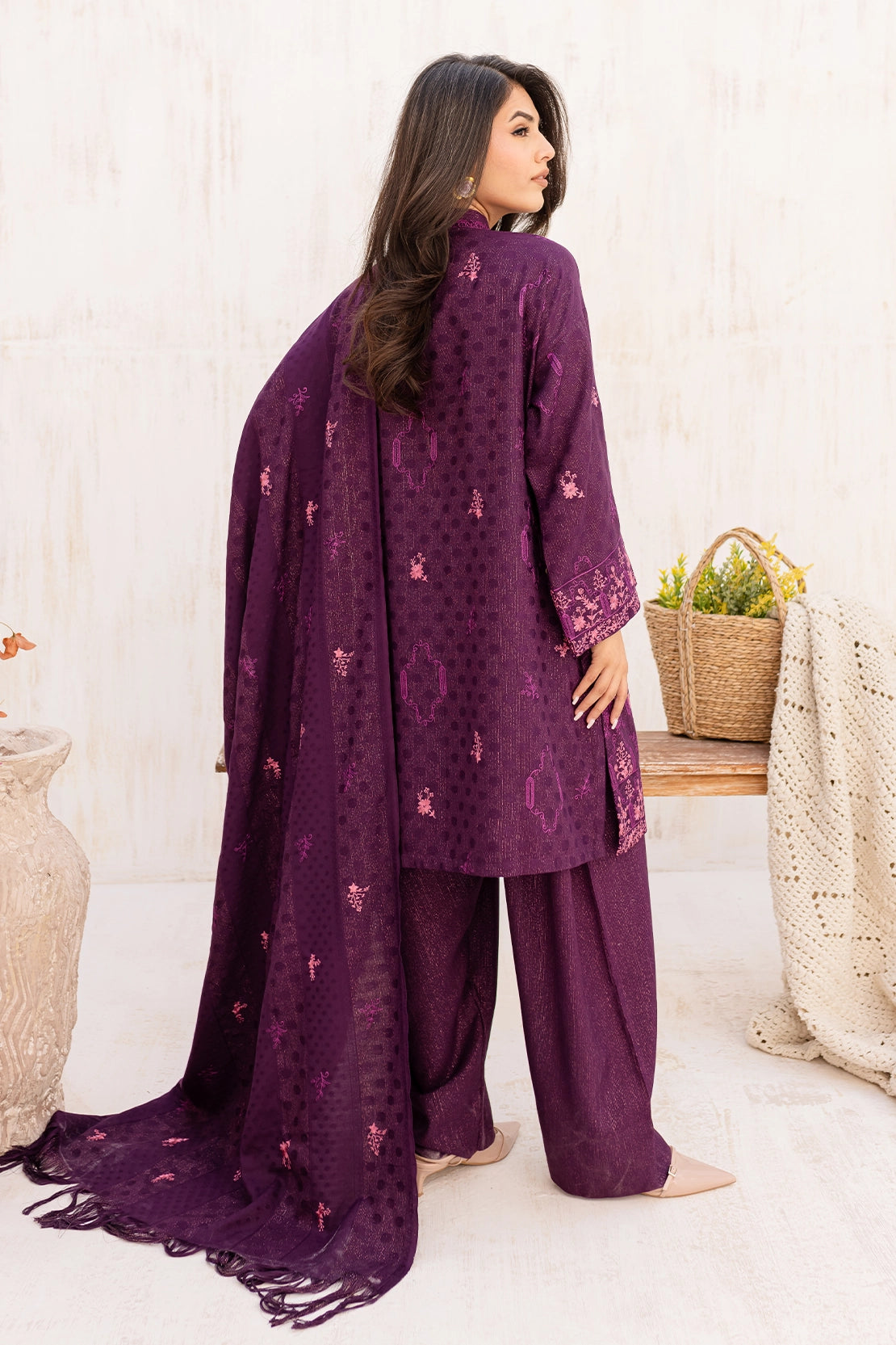 3 Piece - Premium Embroidered Dhanak Wool - 4009