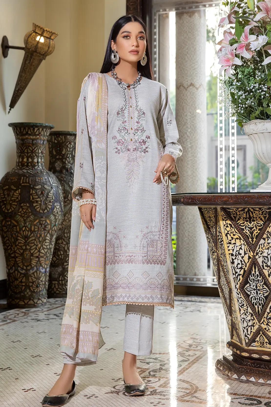 3 Piece – Luxury Embroidered Slub Zari Peach – 401