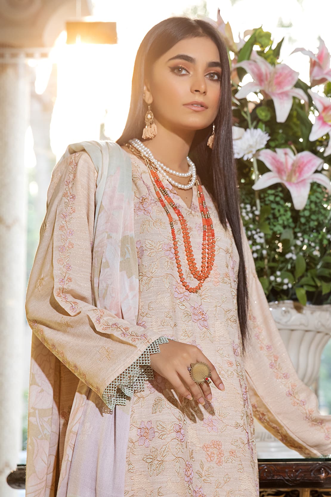 3 Piece – Luxury Embroidered Slub Zari Peach – 402