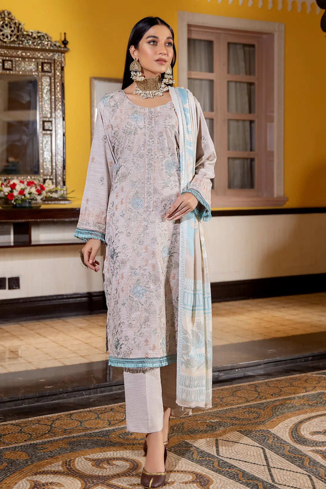 3 Piece – Luxury Embroidered Slub Zari Peach – 406