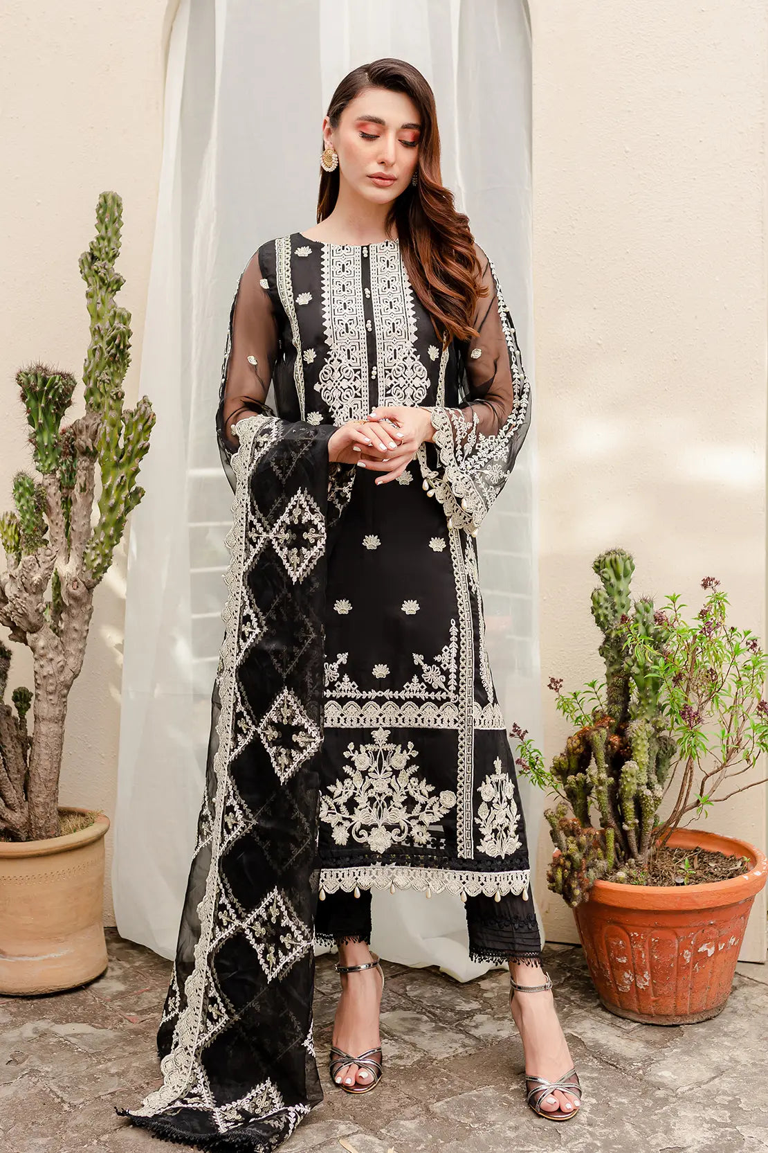 4 Piece – Imara Black – Organza Embroidered Suit