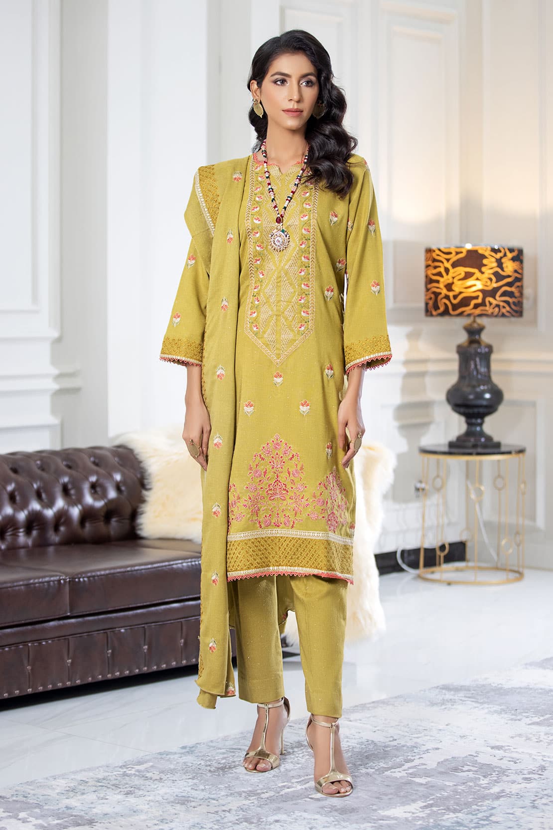 3 Piece - Embroidered Zari Peach - 502