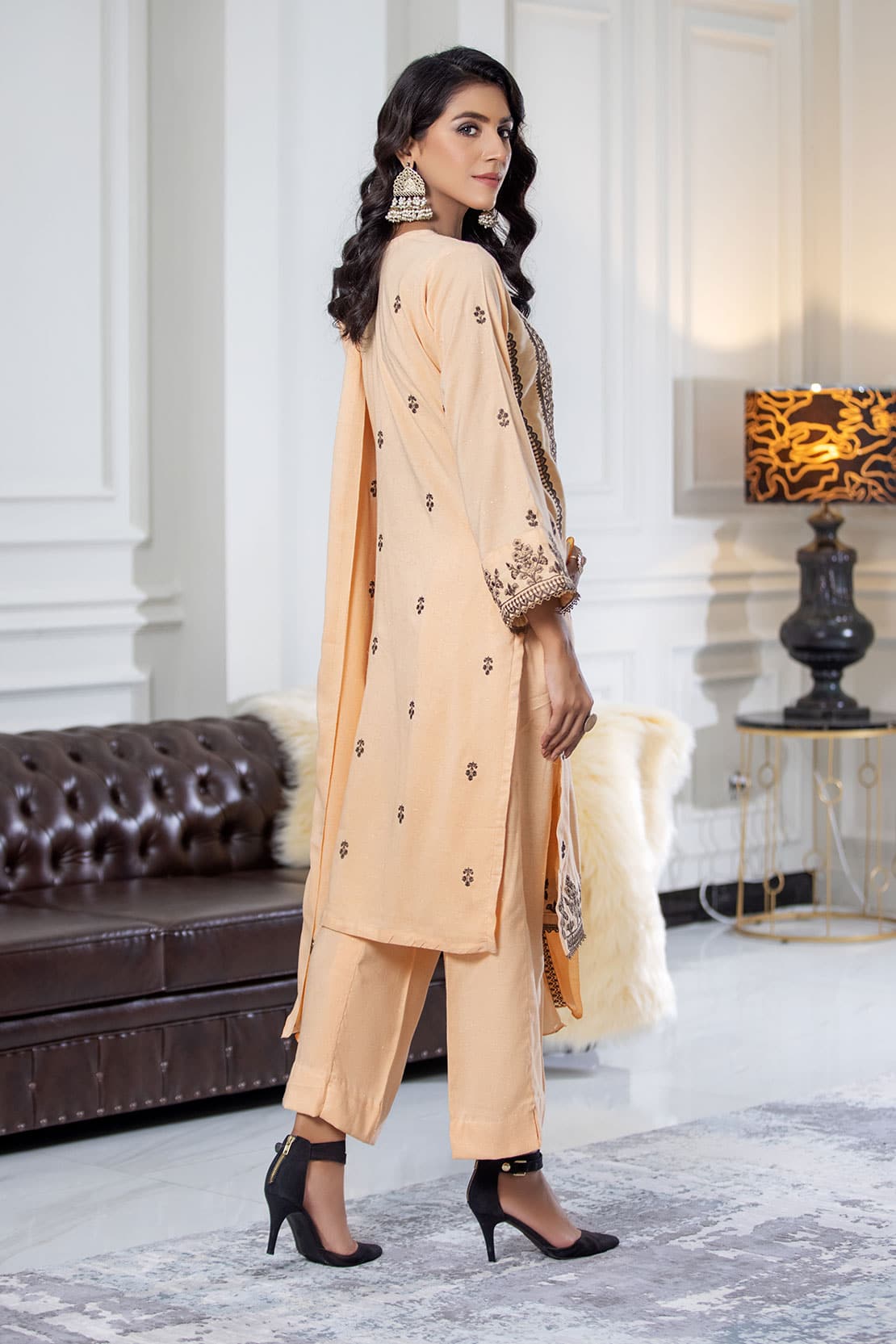 3 Piece - Embroidered Zari Peach - 503