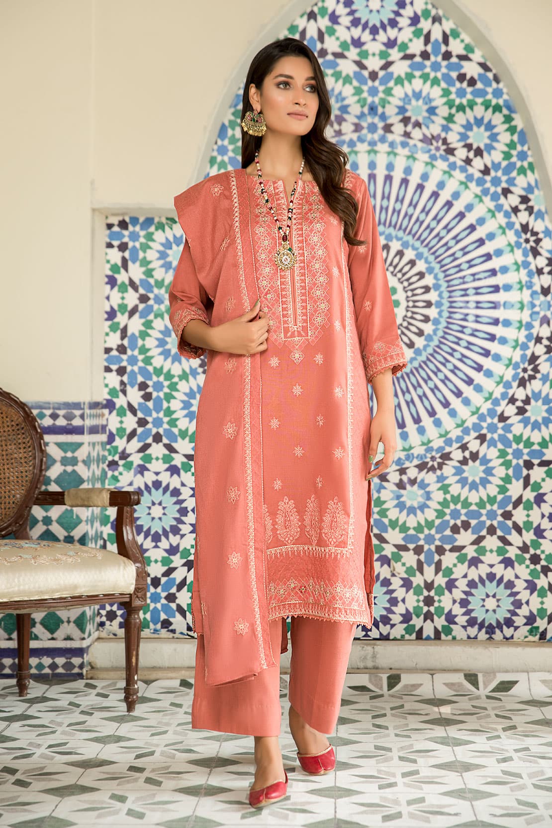 3 Piece - Luxury Embroidered Peach - 604