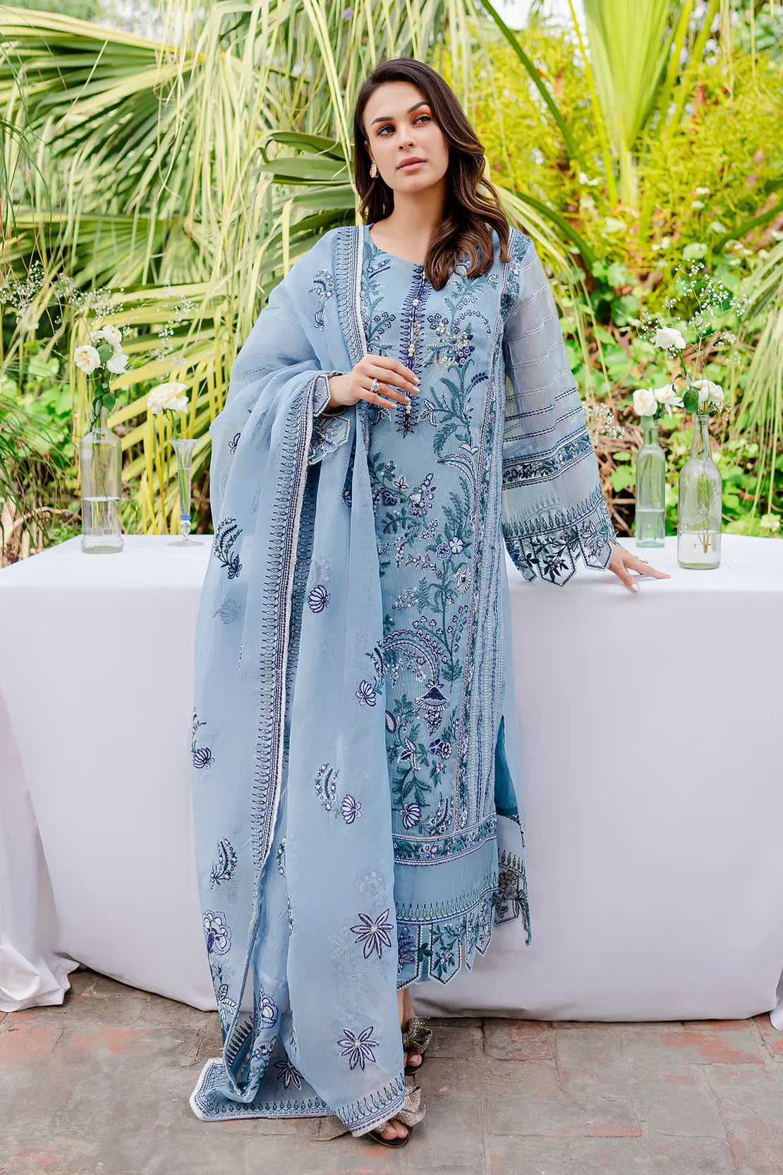 4 Piece – Mareen Sky Blue – Cotton Net Embroidered Suit