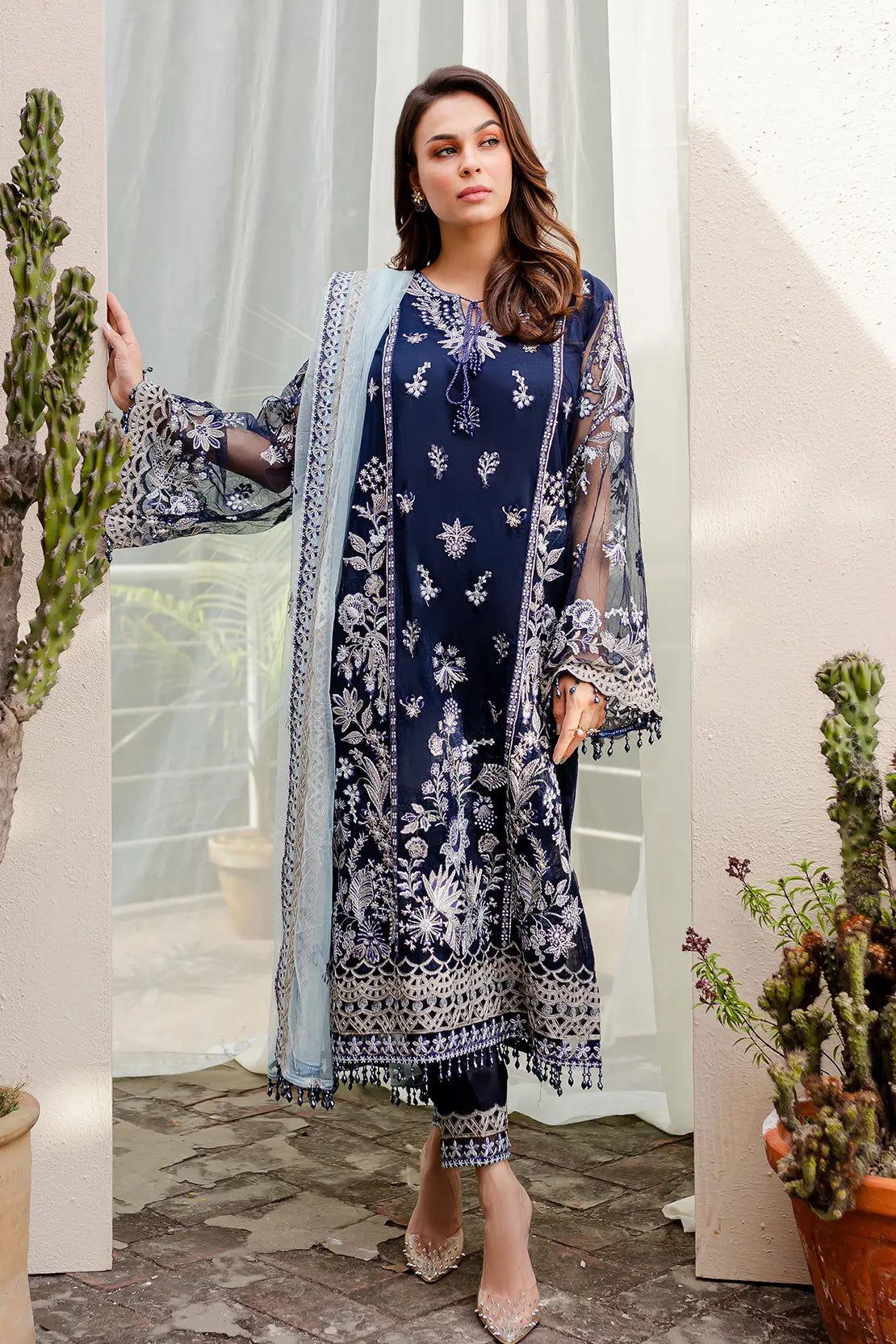 4 Piece – Salina Navy Blue – Net Embroidered Suit