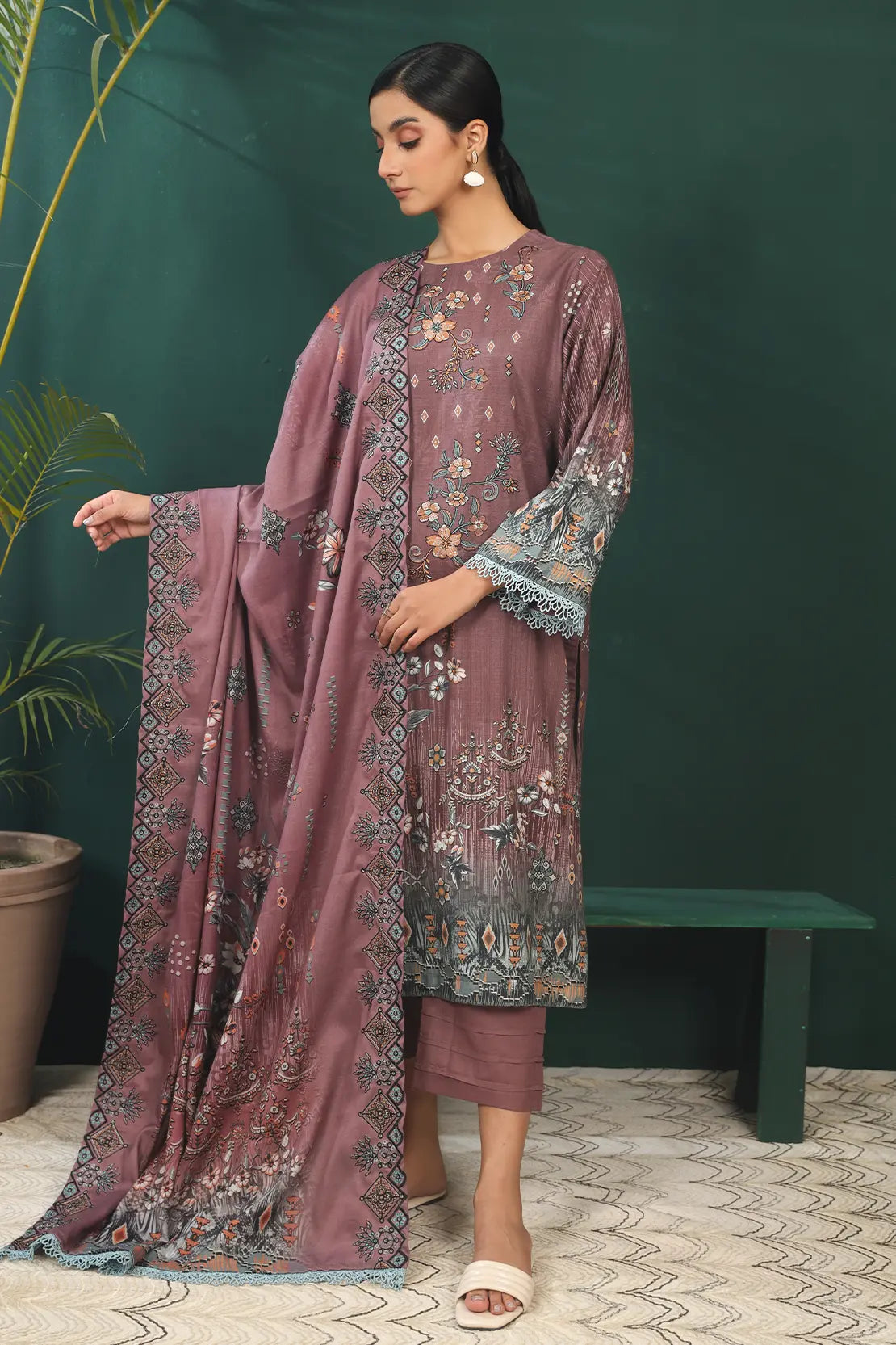 3 Piece - Premium Embroidered Khaddar - 8390