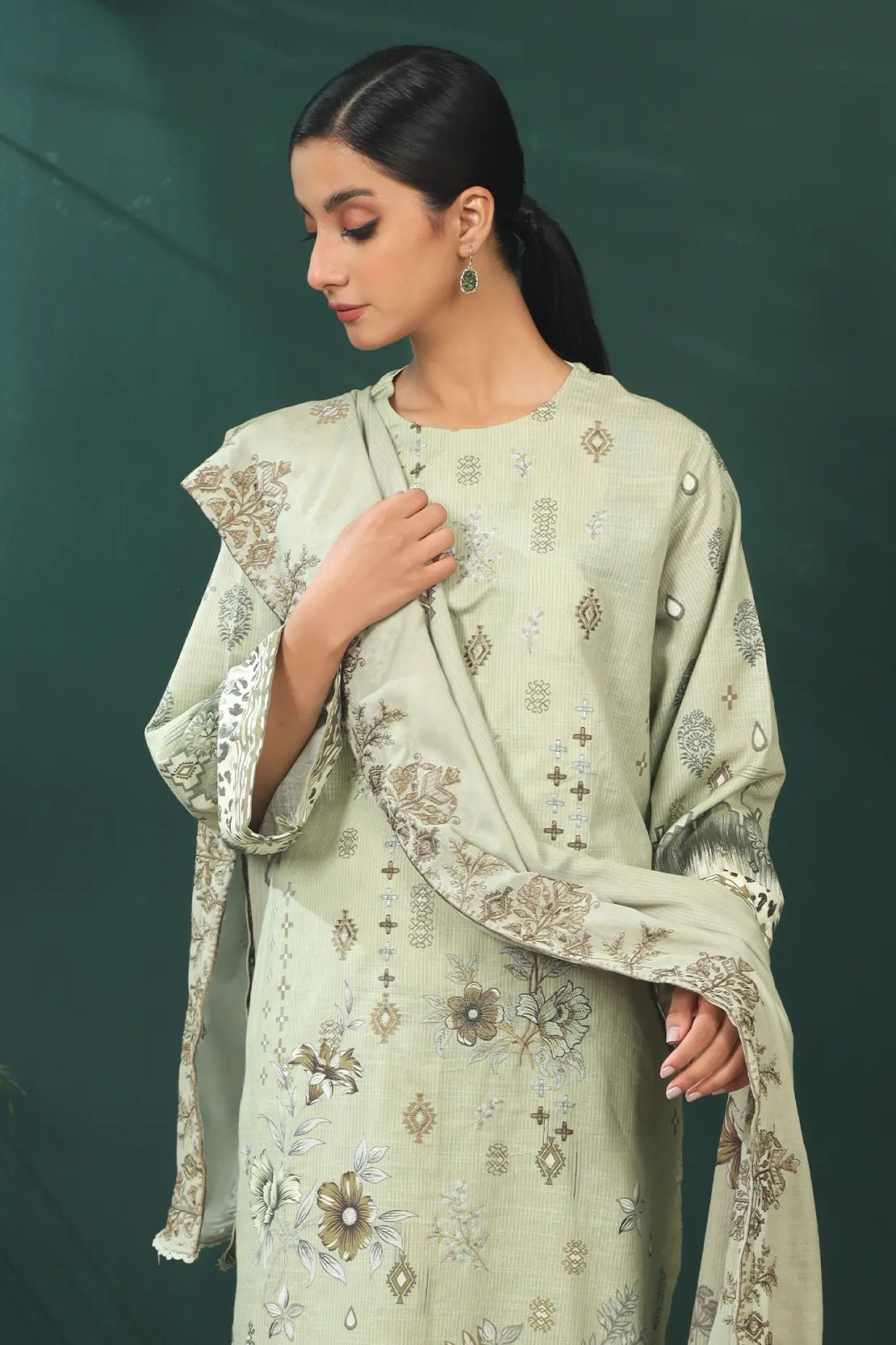 3 Piece - Premium Embroidered Khaddar - 8383