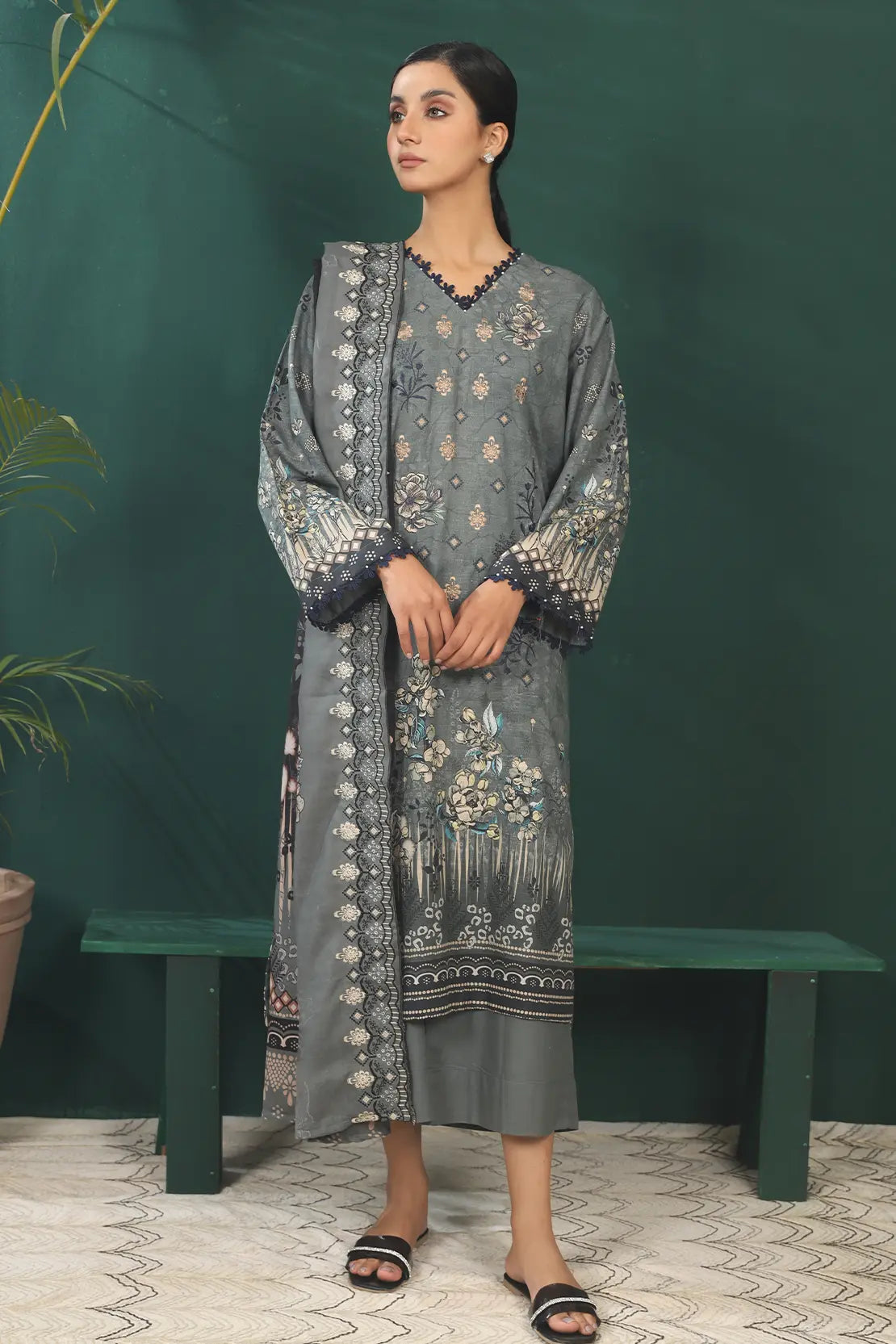 3 Piece - Premium Embroidered Khaddar - 8387