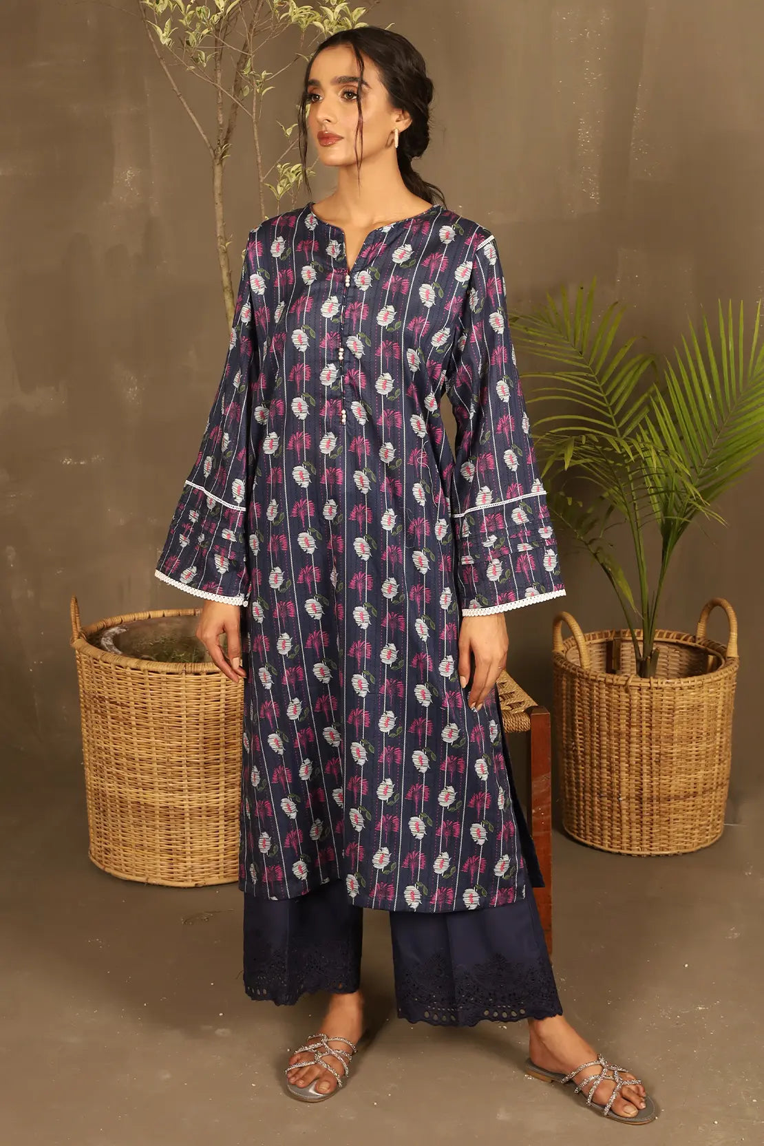 2 Piece - Printed Lawn Shirt with Embroidered Trouser - 7632