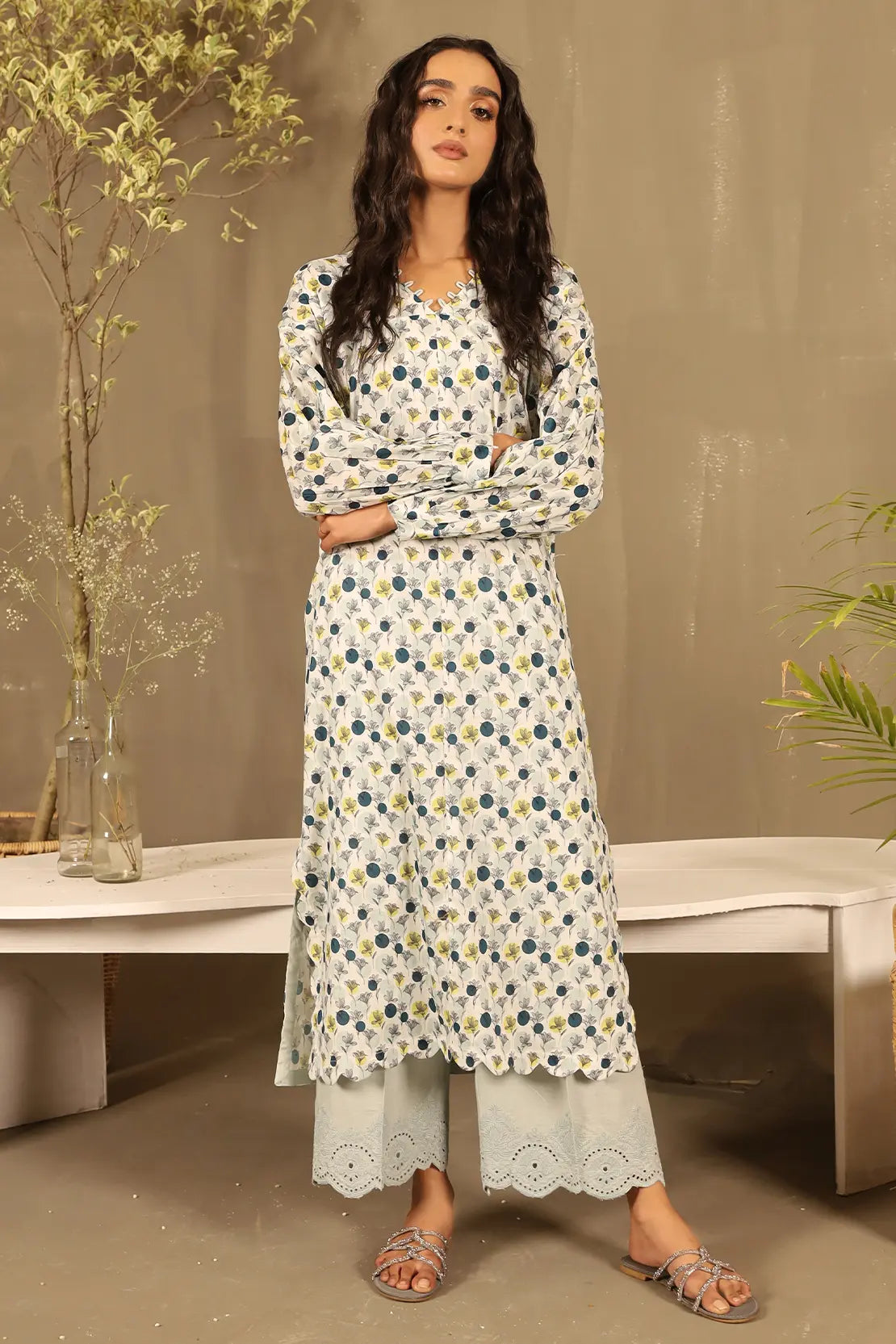 2 Piece - Printed Lawn Shirt with Embroidered Trouser - 7635