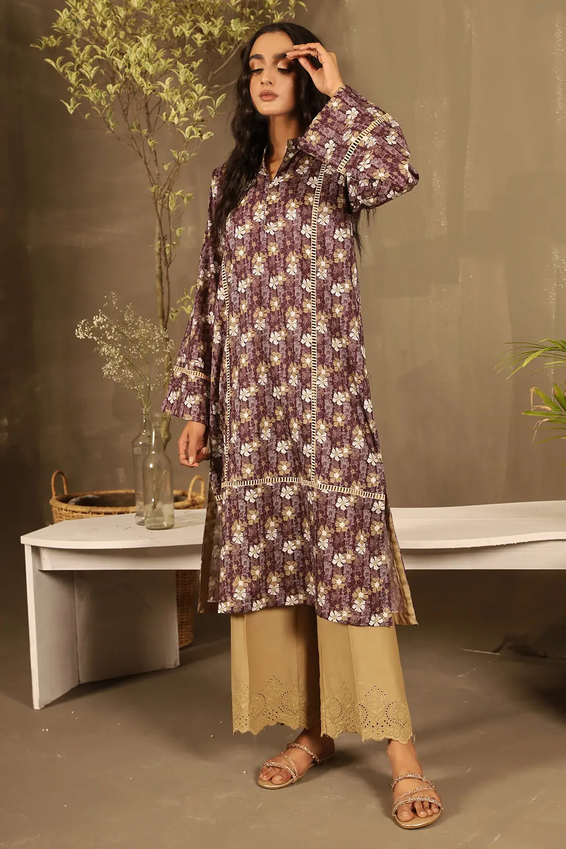 2 Piece - Printed Lawn Shirt with Embroidered Trouser - 7636
