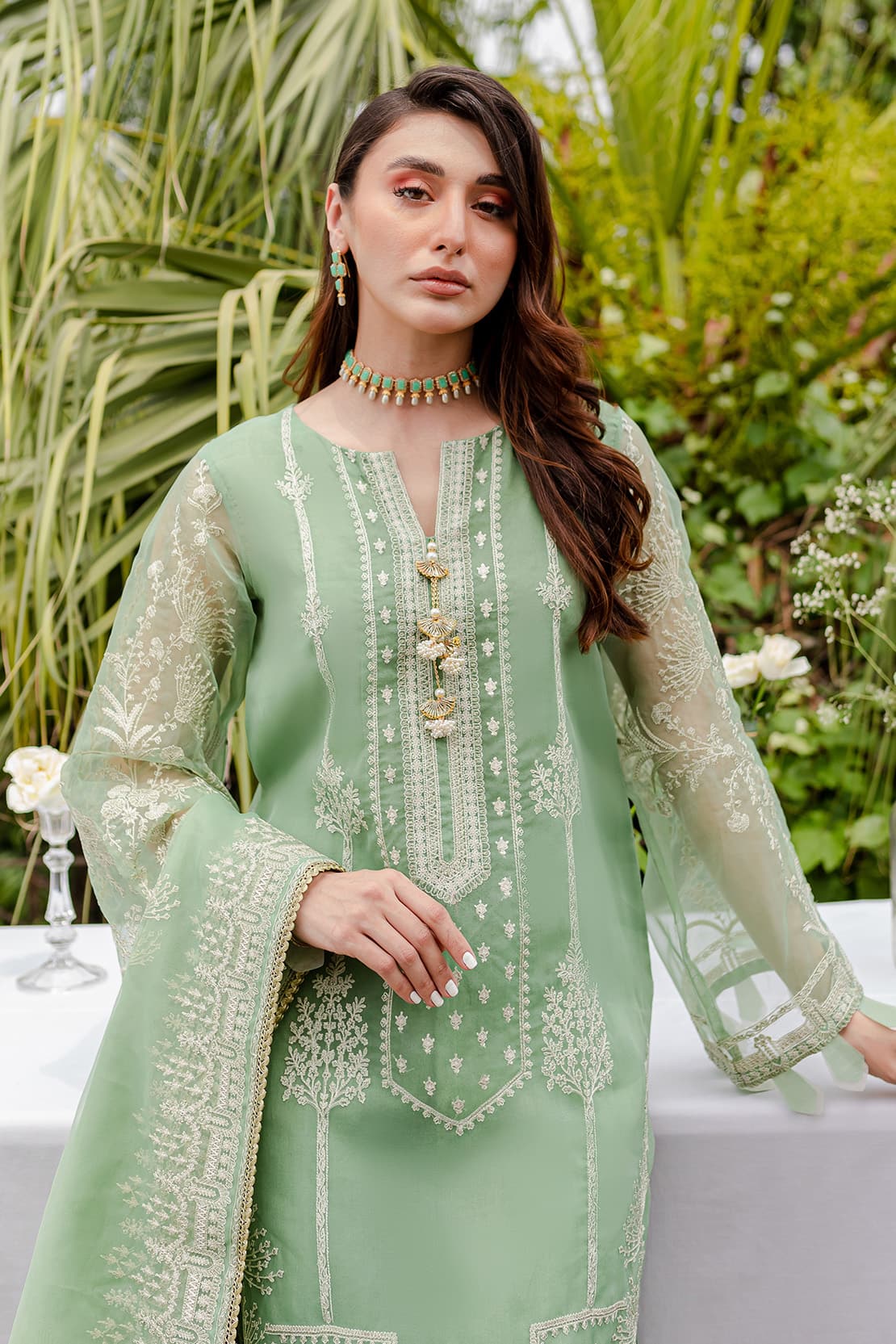 4 Piece – Zoe Pastel Green – Organza Embroidered Suit