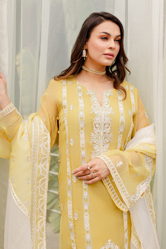 4 Piece – Amal Yellow – Organza Embroidered Suit