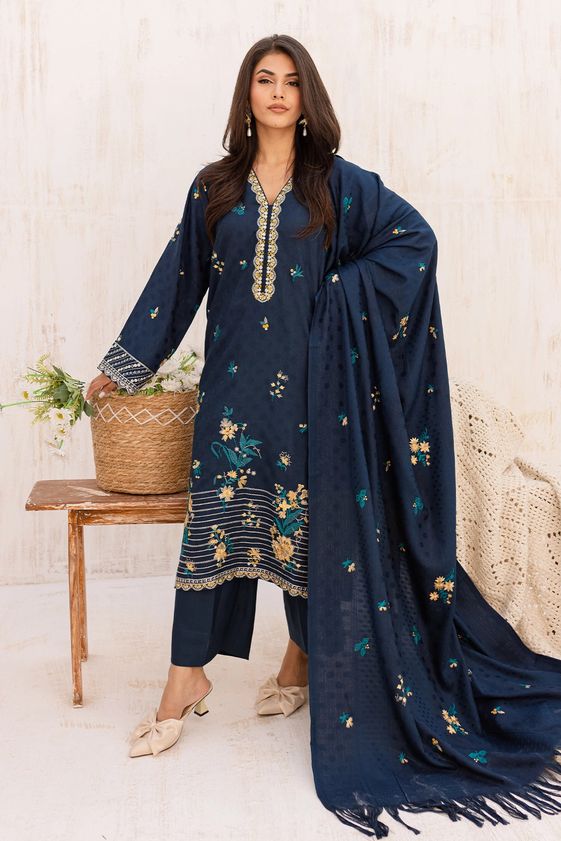 3 Piece - Premium Embroidered Dhanak Wool - 4001
