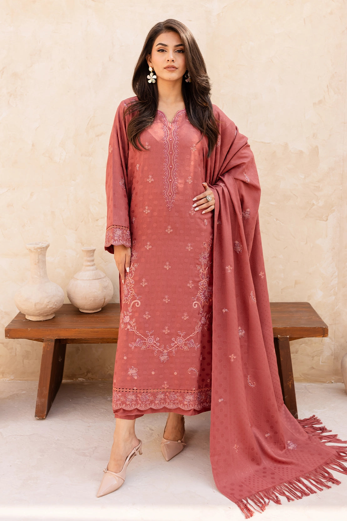 3 Piece - Premium Embroidered Dhanak Wool - 4010