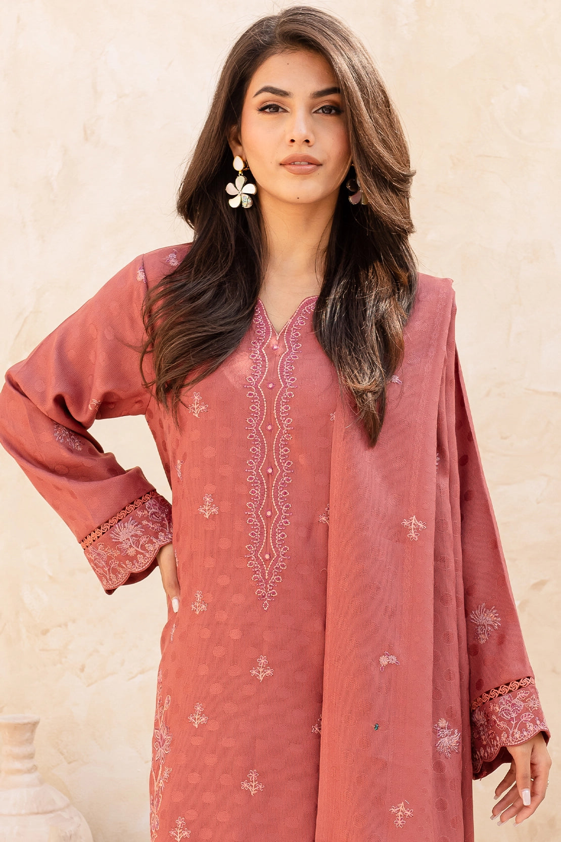 3 Piece - Premium Embroidered Dhanak Wool - 4010