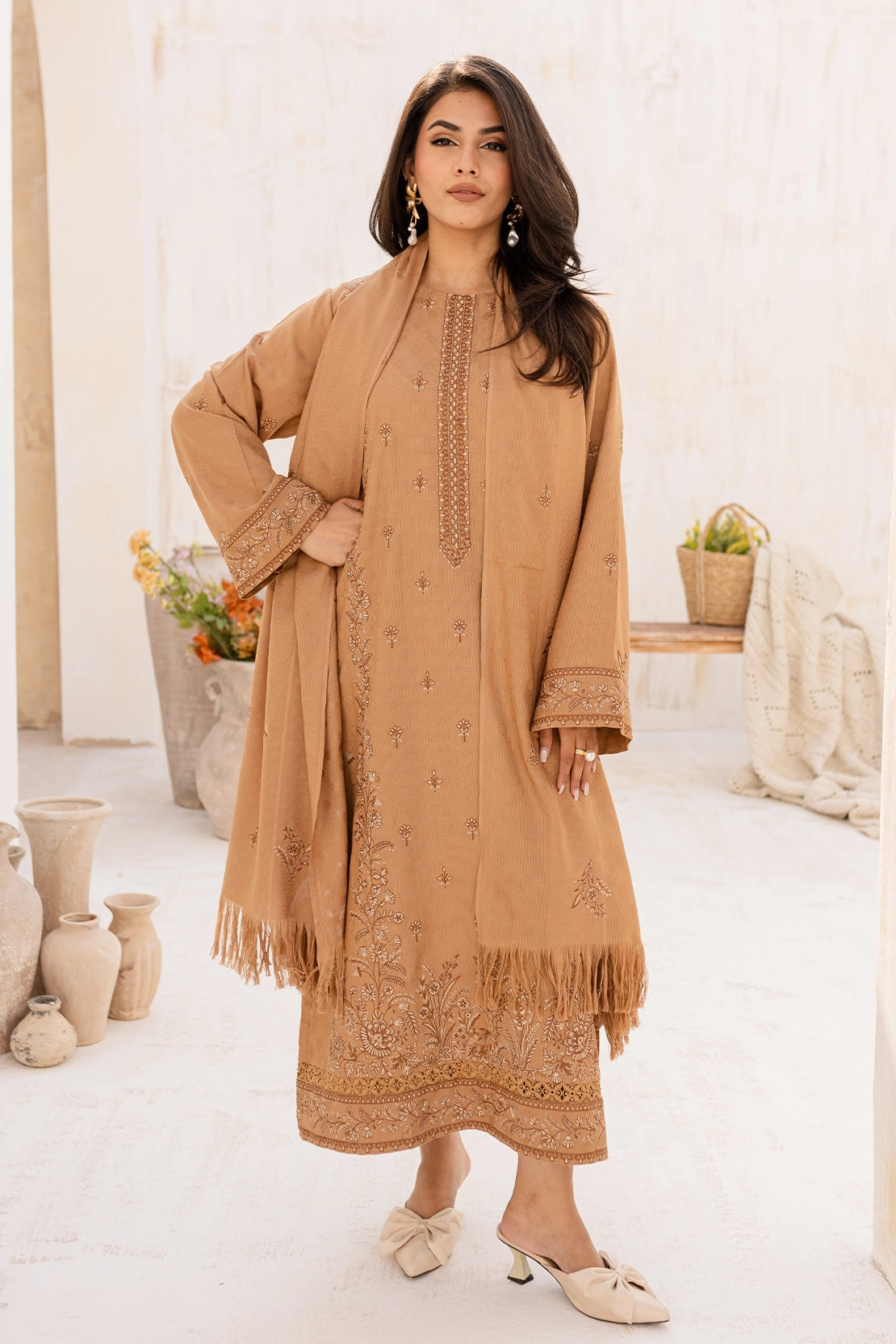 3 Piece - Premium Embroidered Dhanak Wool - 4002