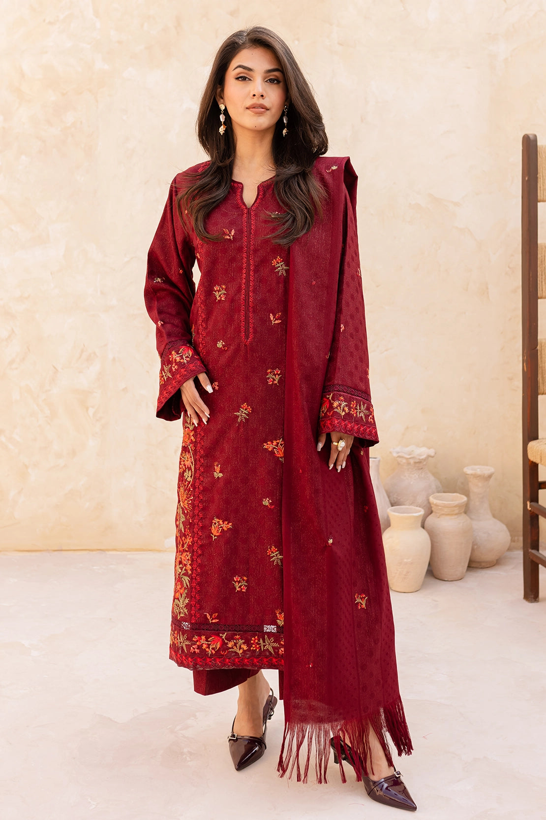 3 Piece - Premium Embroidered Dhanak Wool - 4003