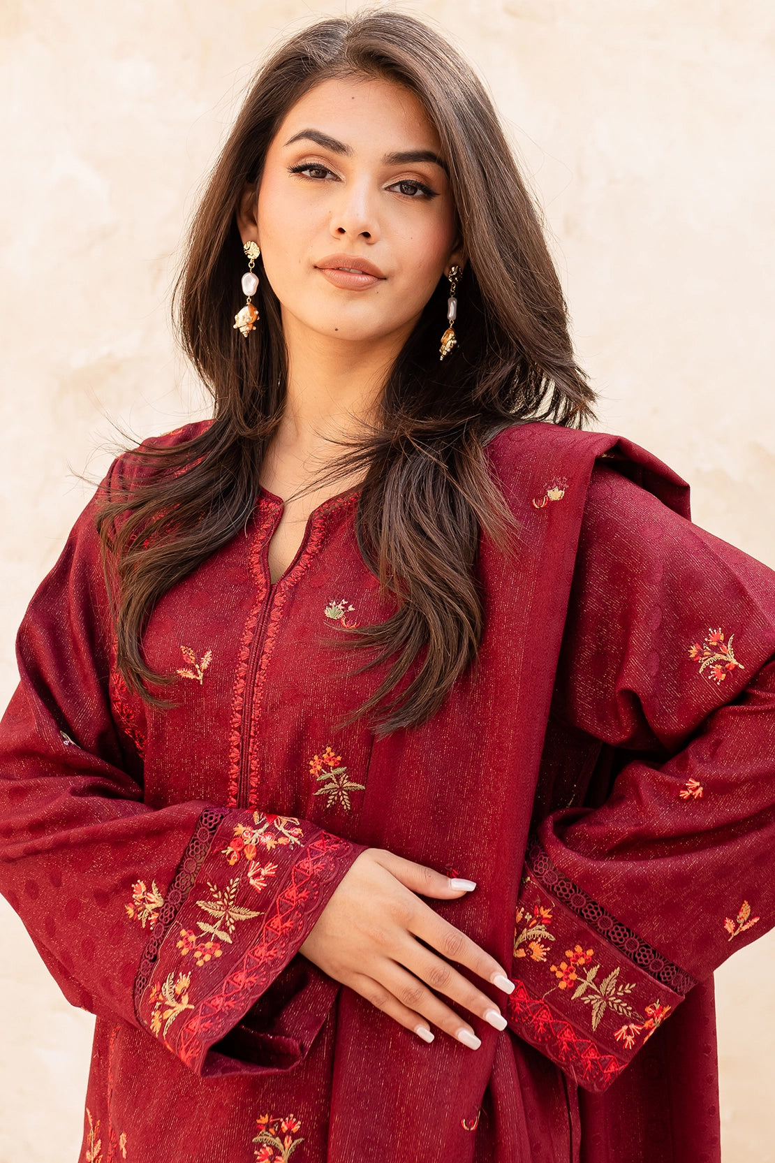 3 Piece - Premium Embroidered Dhanak Wool - 4003