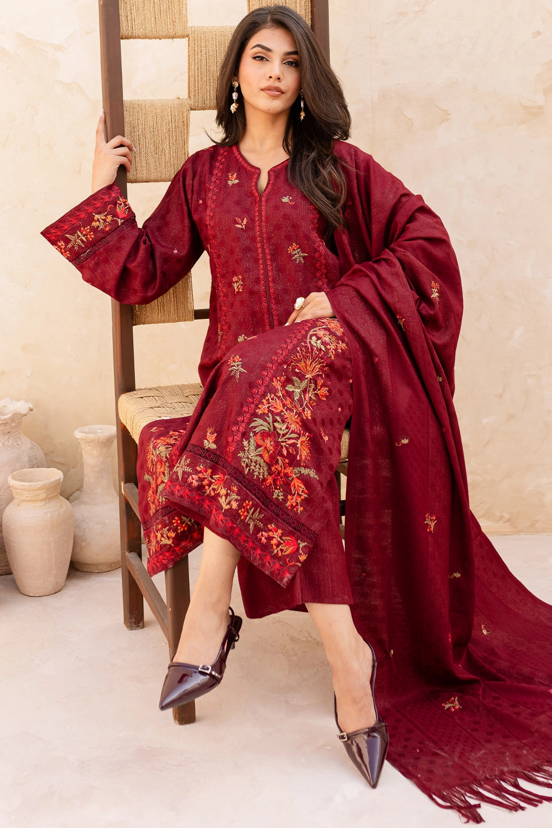 3 Piece - Premium Embroidered Dhanak Wool - 4003