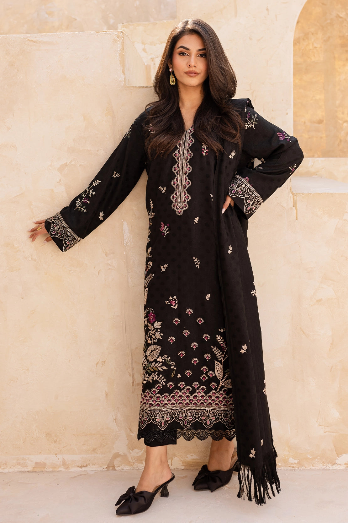 3 Piece - Premium Embroidered Dhanak Wool - 4004