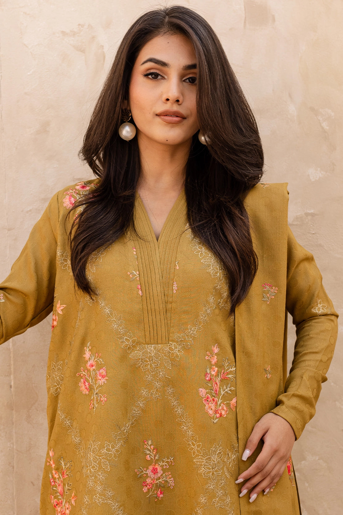 3 Piece - Premium Embroidered Dhanak Wool - 4005