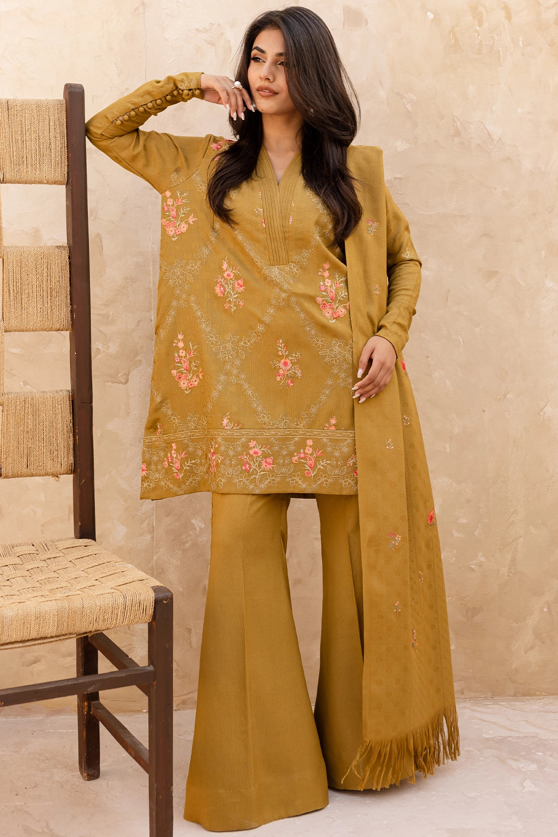 3 Piece - Premium Embroidered Dhanak Wool - 4005