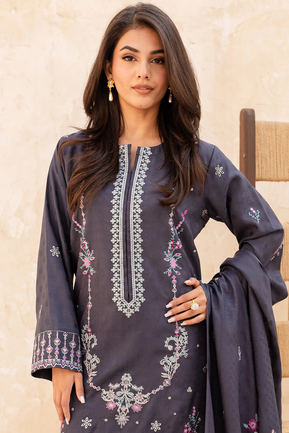 3 Piece - Premium Embroidered Dhanak Wool - 4006