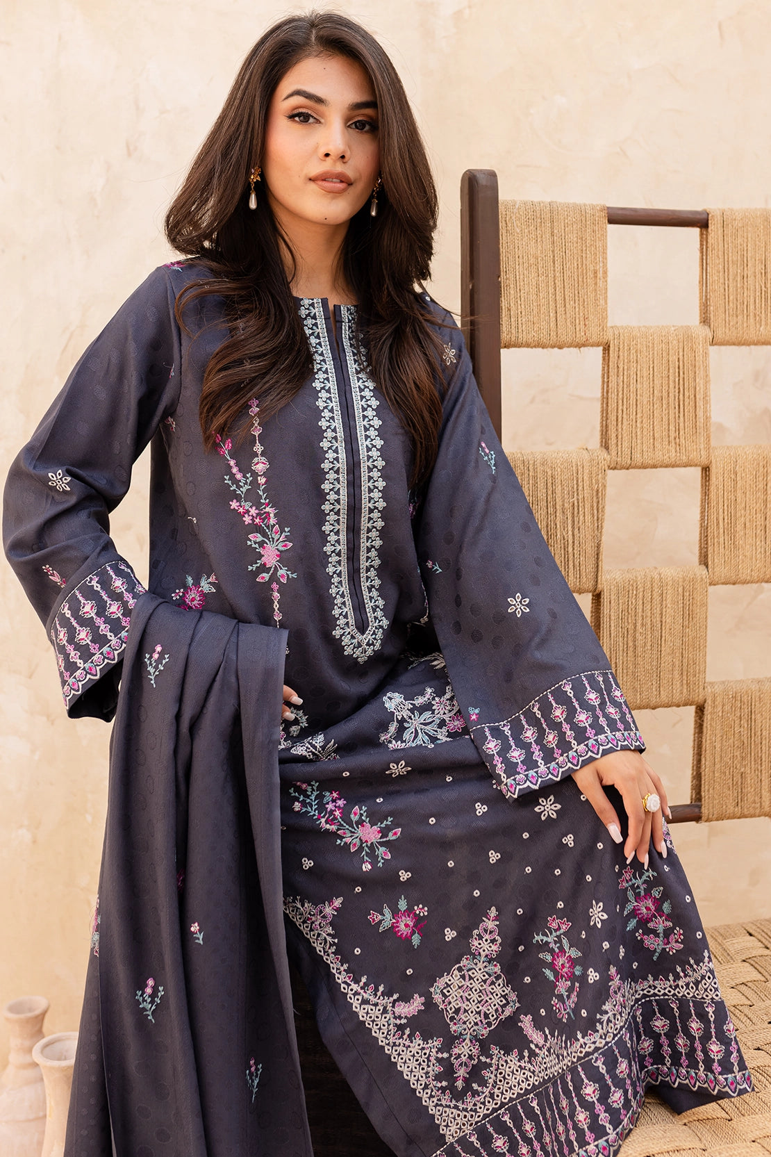 3 Piece - Premium Embroidered Dhanak Wool - 4006