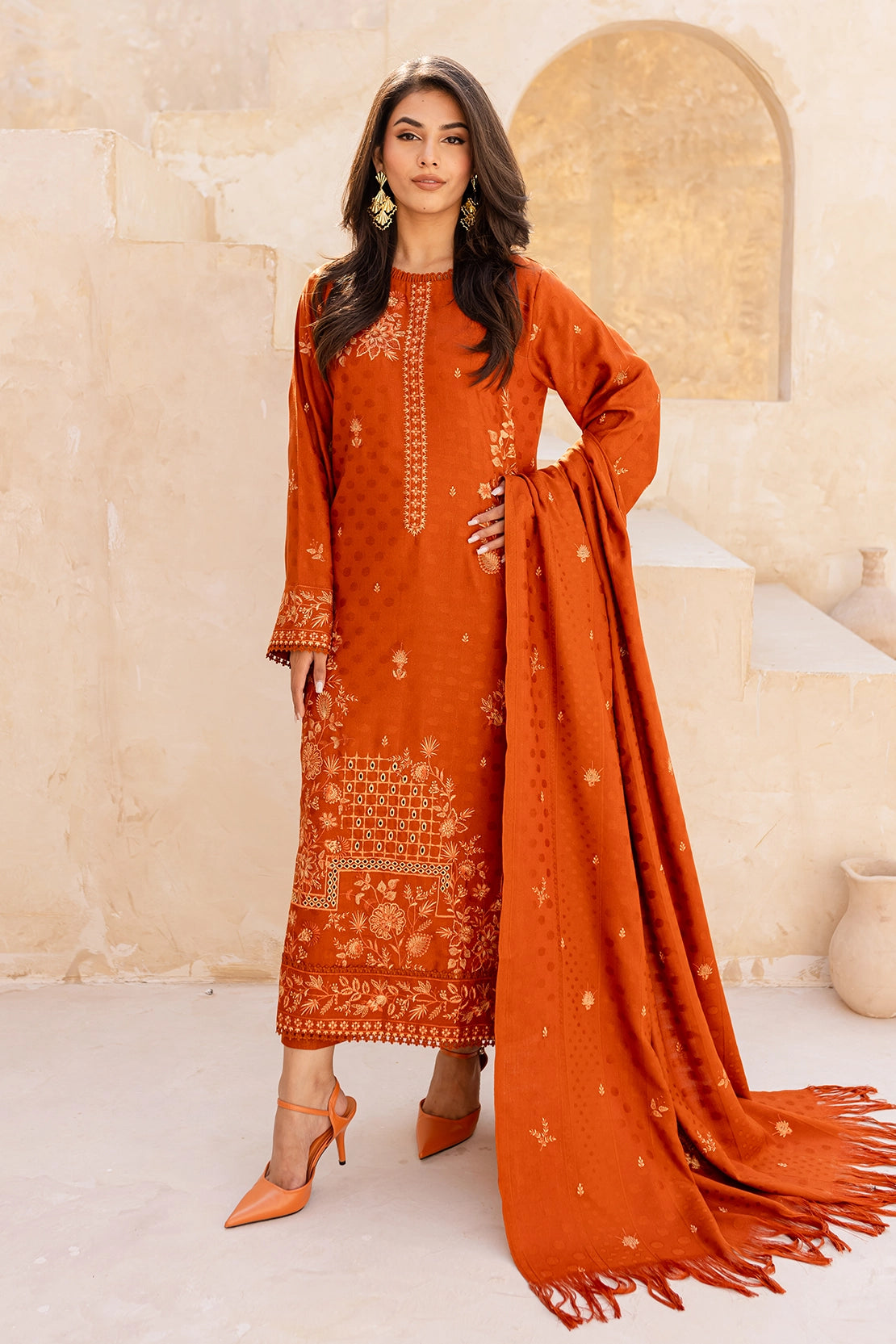 3 Piece - Premium Embroidered Dhanak Wool - 4007