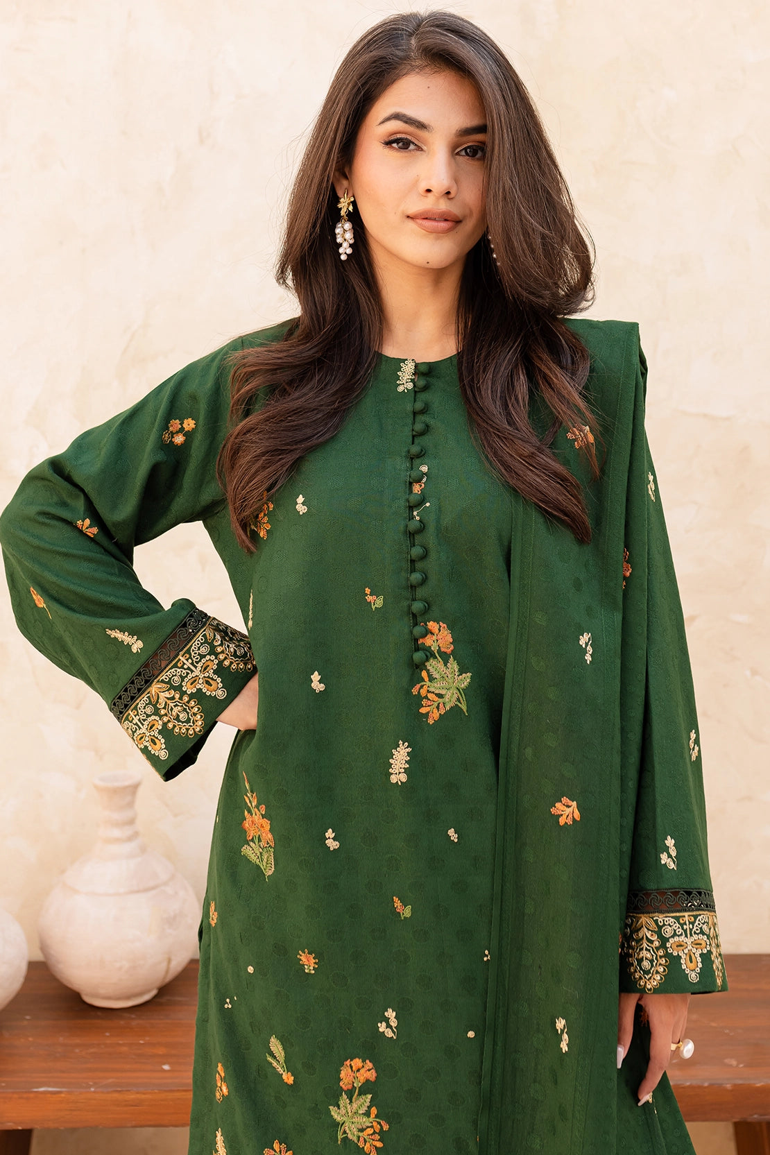 3 Piece - Premium Embroidered Dhanak Wool - 4008