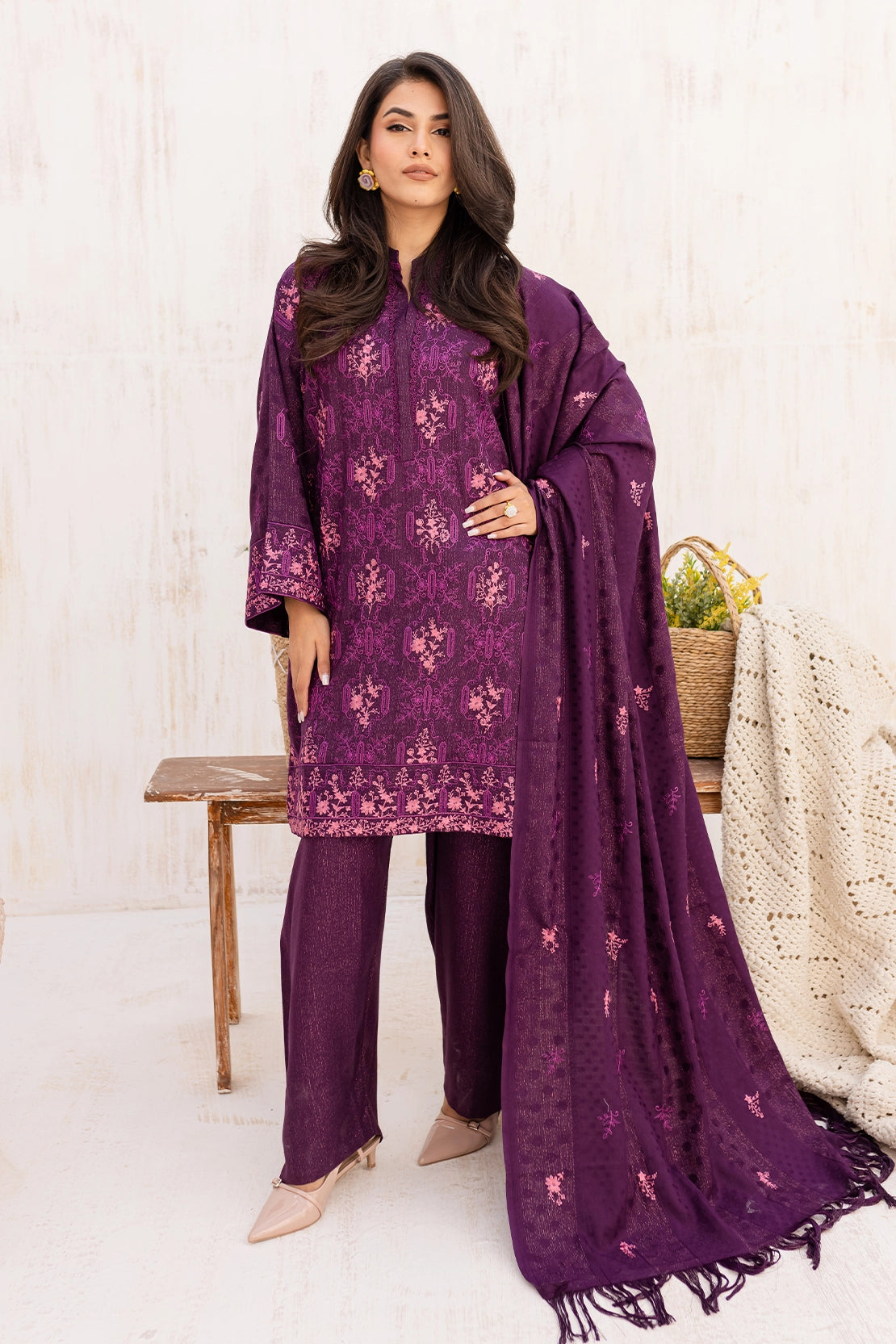 3 Piece - Premium Embroidered Dhanak Wool - 4009