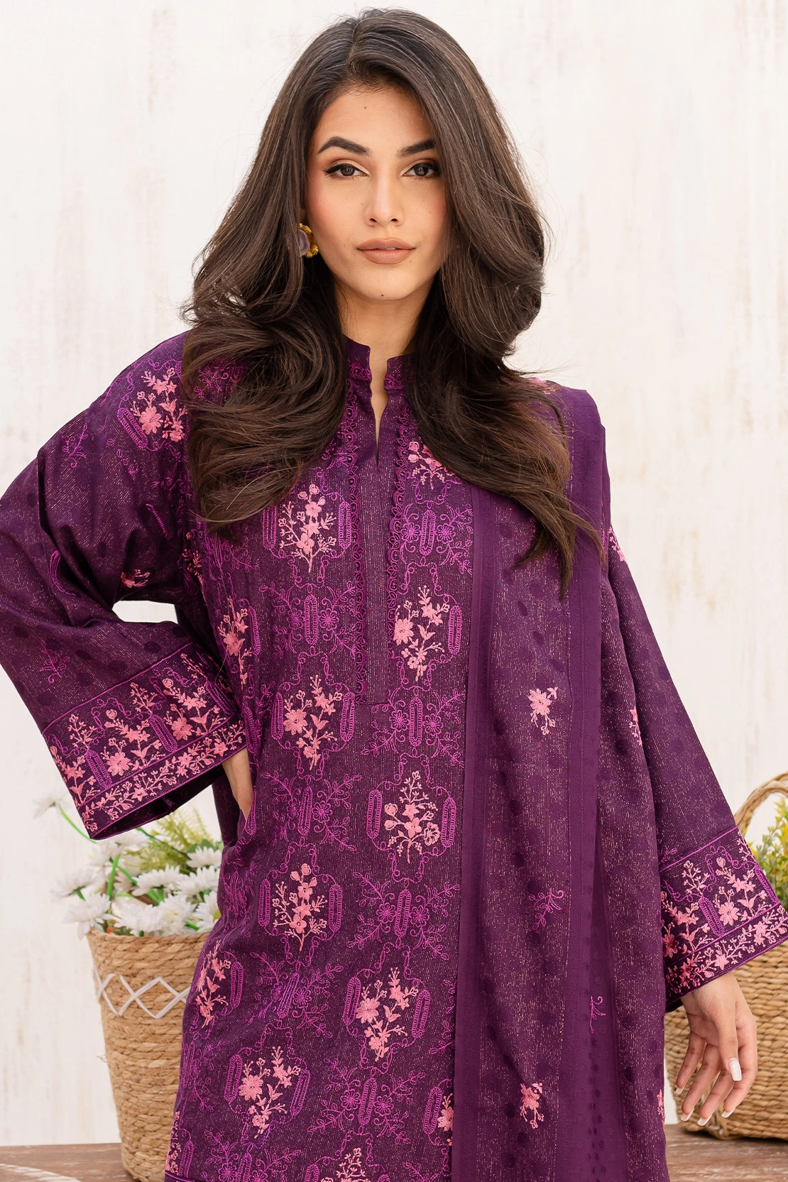 3 Piece - Premium Embroidered Dhanak Wool - 4009