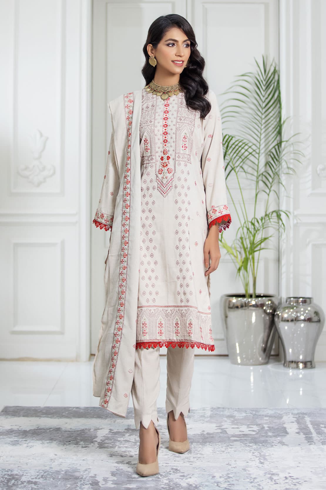 3 Piece - Embroidered Zari Peach - 507