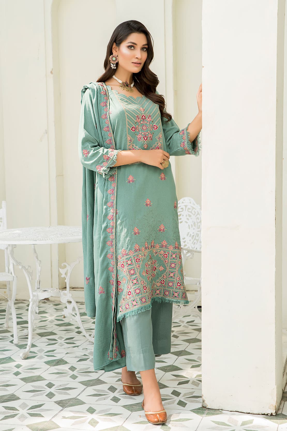 3 Piece -  Luxury Embroidered Peach - 601