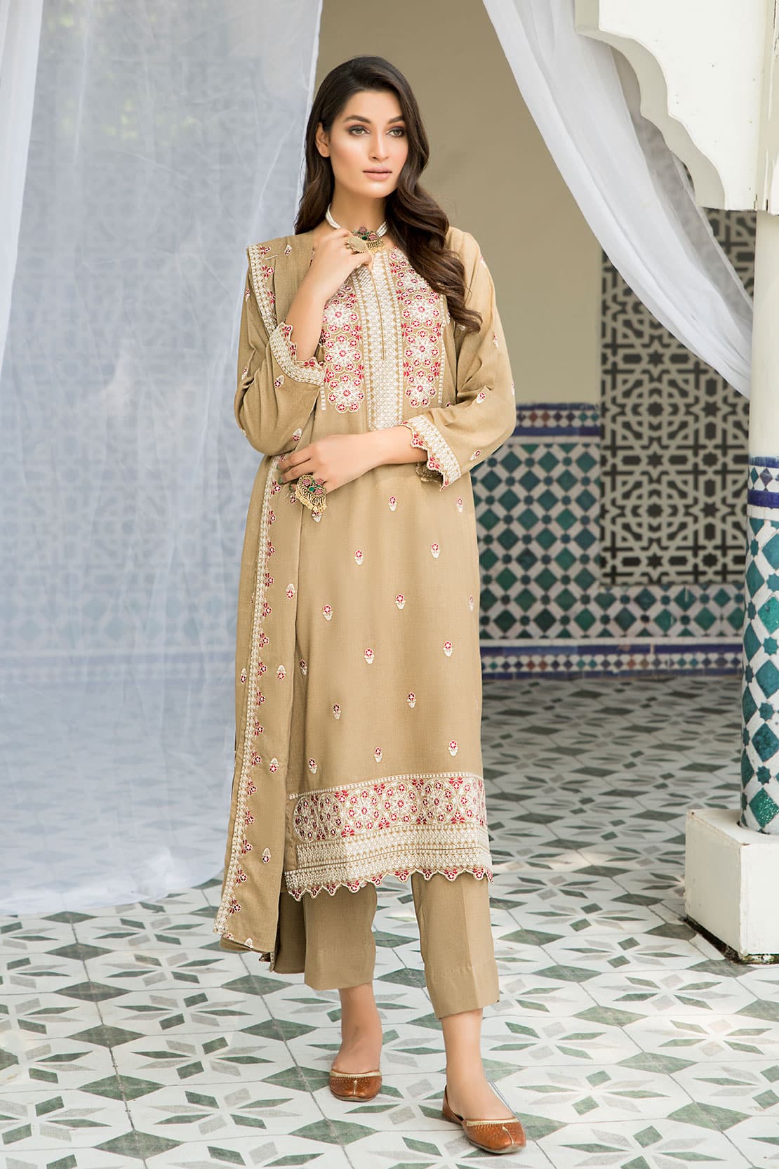 3 Piece -  Luxury Embroidered Peach - 602