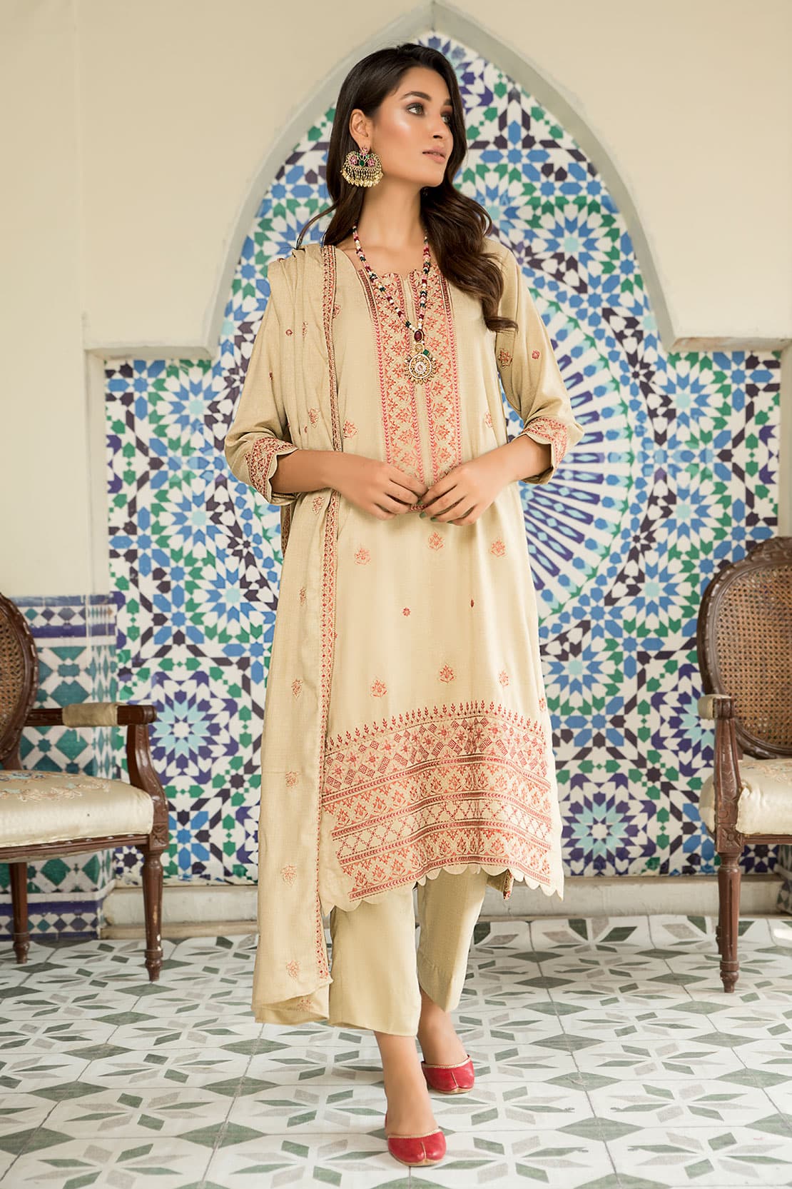 3 Piece -  Luxury Embroidered Peach - 605