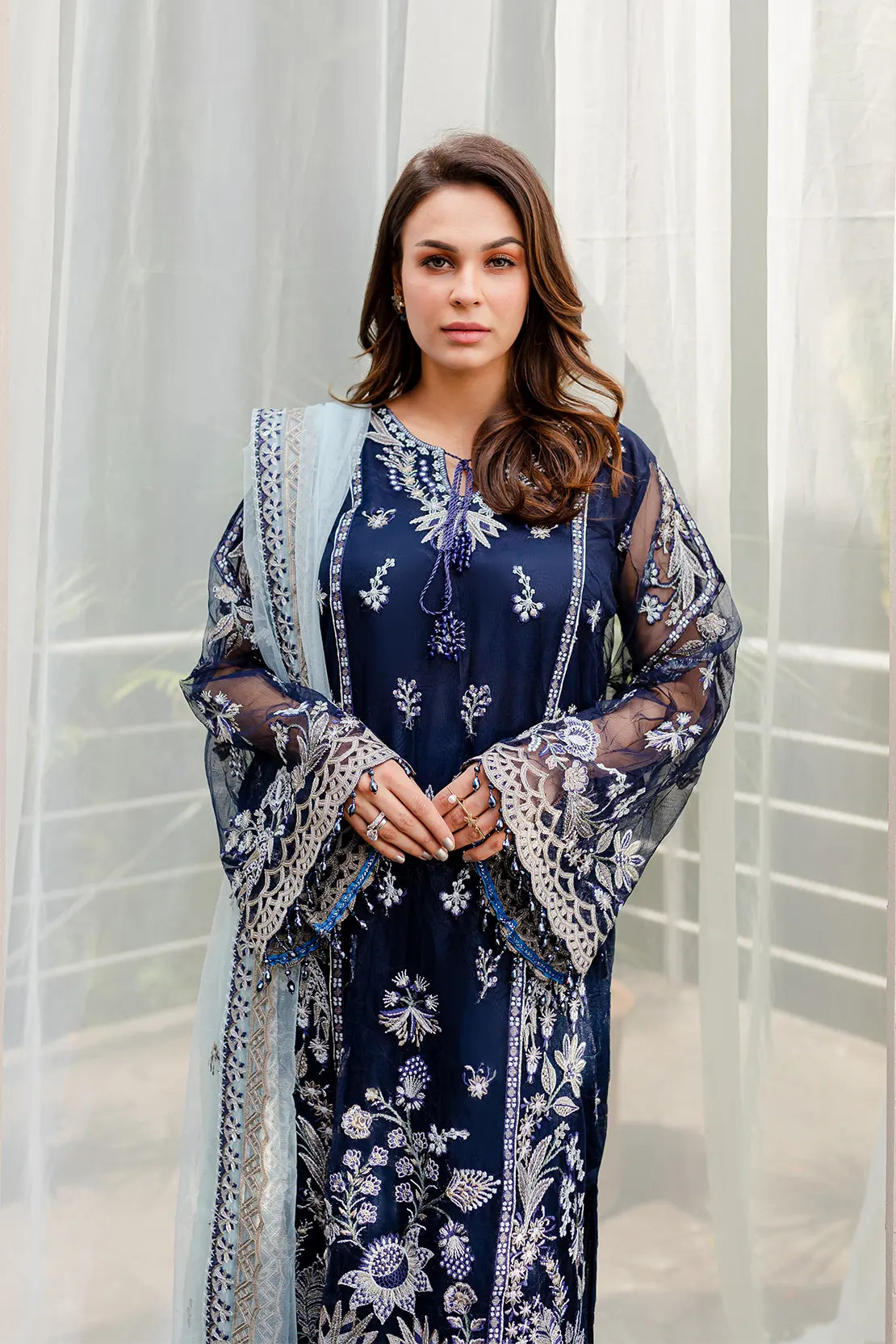 4 Piece – Salina Navy Blue – Net Embroidered Suit