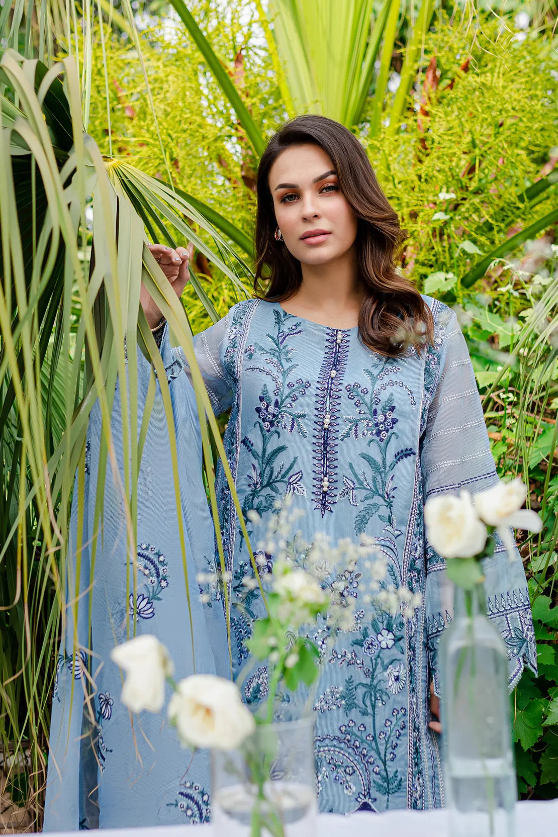 4 Piece – Mareen Sky Blue – Cotton Net Embroidered Suit