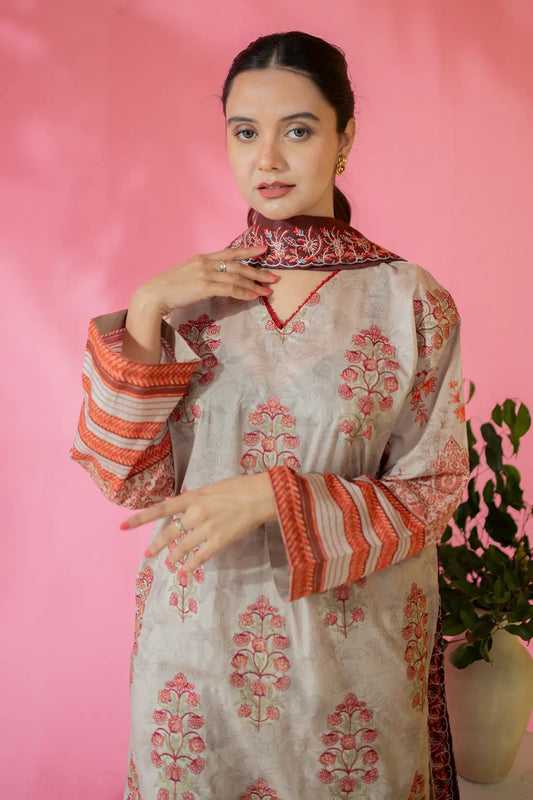 3 Piece - Embroidered Lawn - 8687