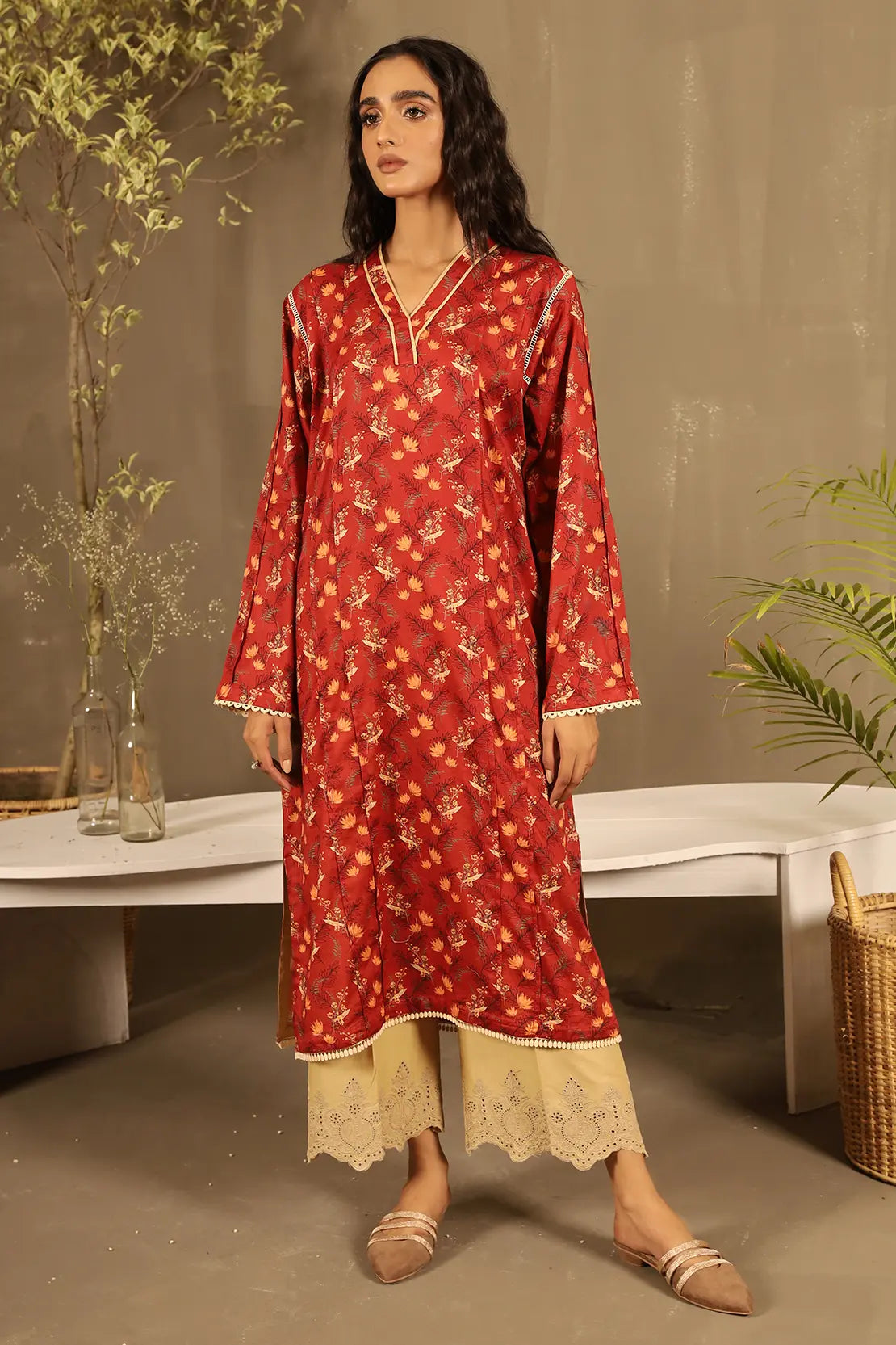 2 Piece - Printed Lawn Shirt with Embroidered Trouser - 7633