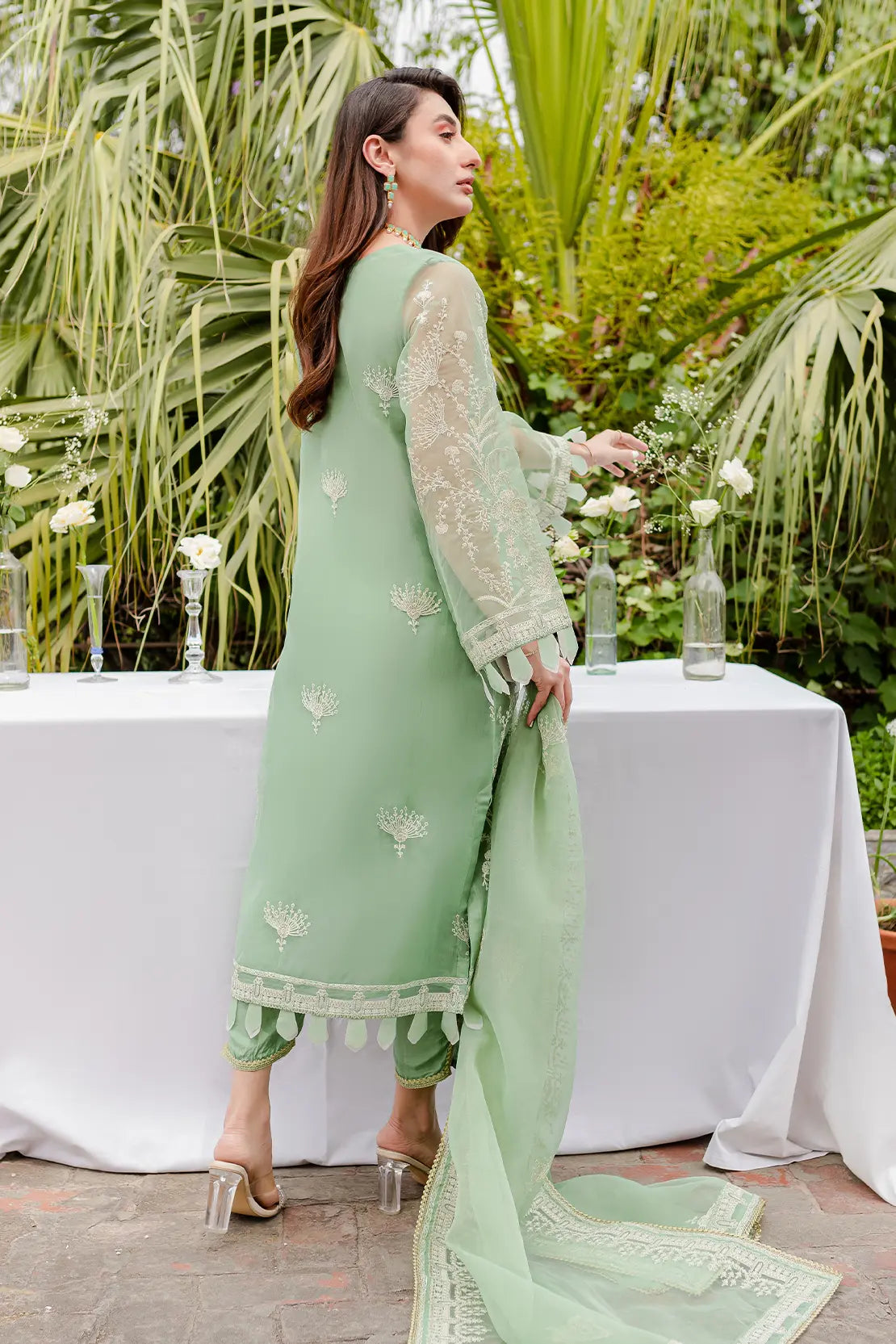 4 Piece – Zoe Pastel Green – Organza Embroidered Suit