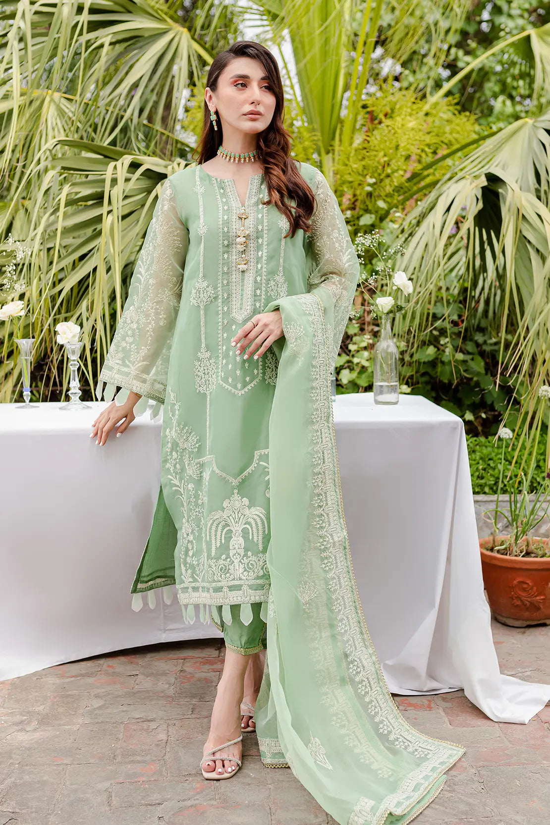 4 Piece – Zoe Pastel Green – Organza Embroidered Suit